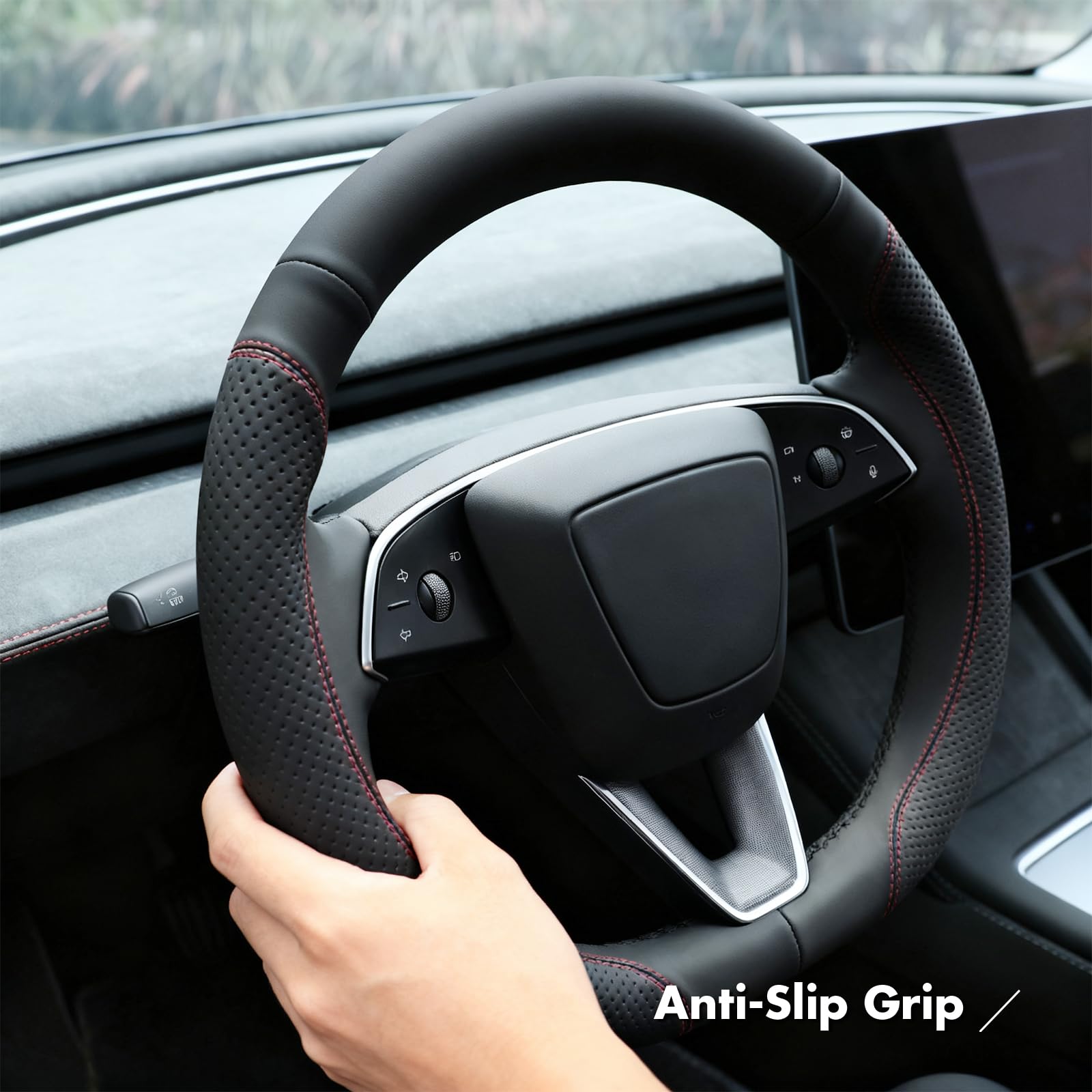 MEWANT Funda para volante de piel de microfibra auténtica de fácil costura de 30 minutos, compatible con Tesla Model 3 Highland 2023-2026 Model Y Juniper 2025-2026, compatible con calentador, ajuste