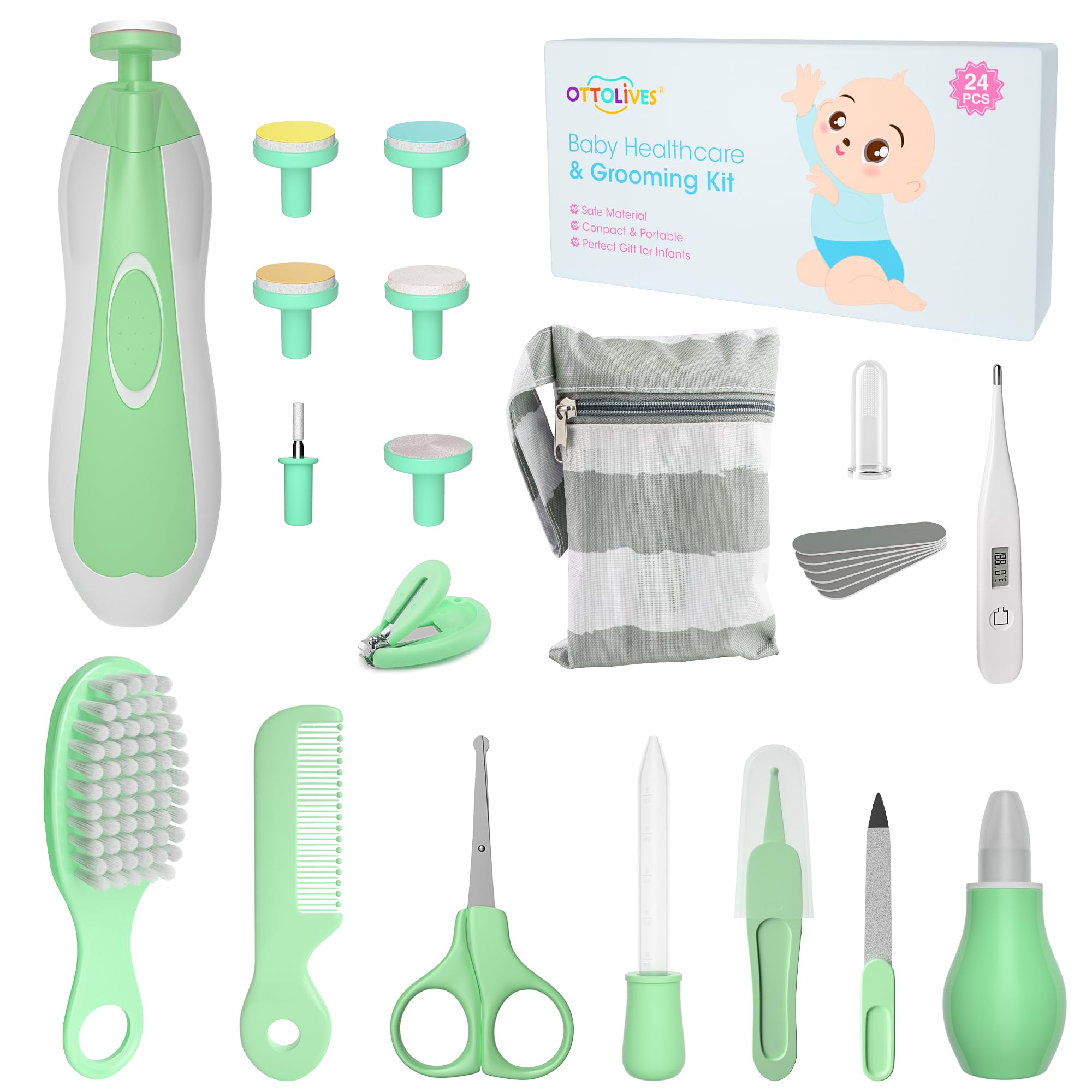Baby Healthcare and Grooming Kit, 24 in 1 Baby Electric Nail Trimmer Set Newborn Nursery Health Care Set for Newborn Infant Toddlers Baby Boys Girls Kids (0-3 Years+) (Green)