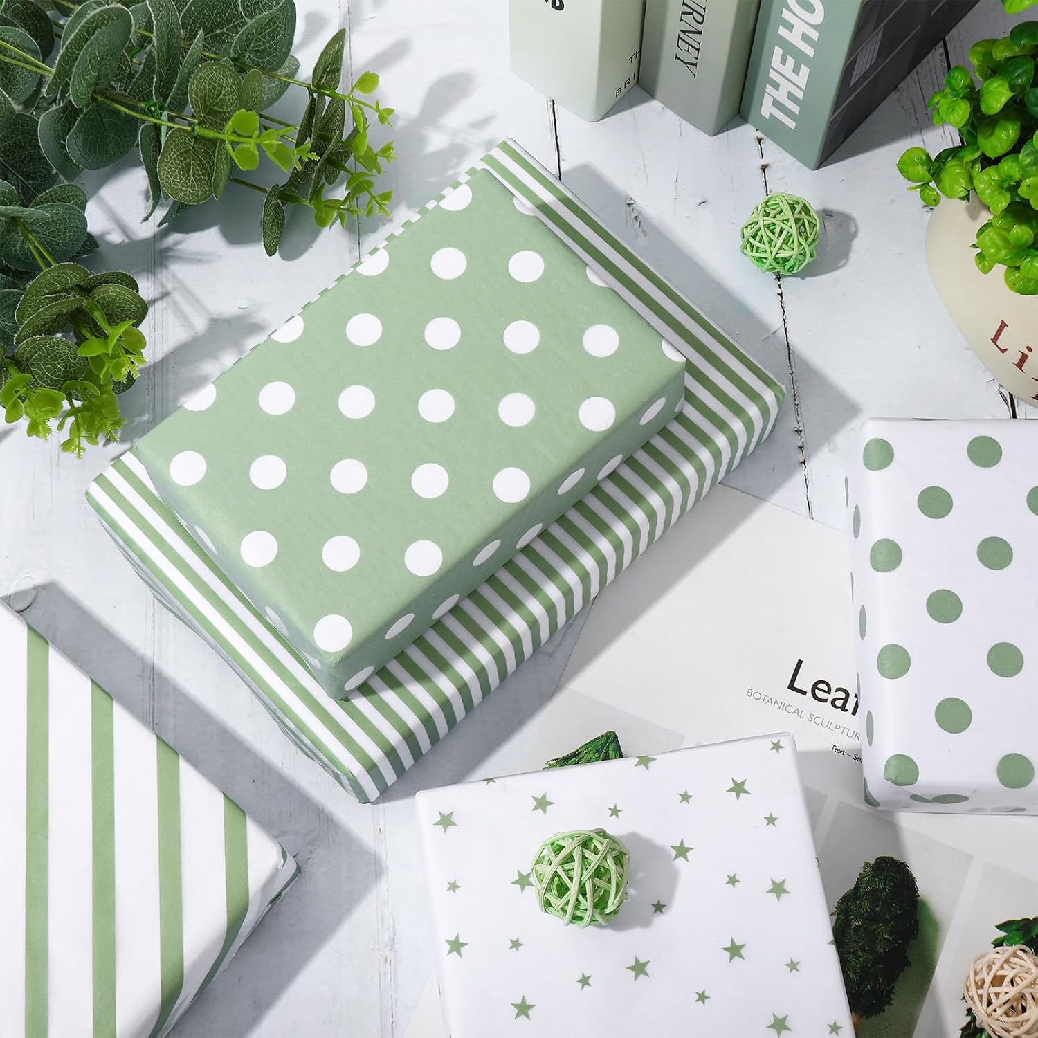 Whaline 120 Sheets Sage Green Tissue Paper Checkered Star Stripe Dot Gift Wrapping Paper Minimalist Art Papers for Spring Birthday Baby Shower Party DIY Crafts, 14 x 20 Inch