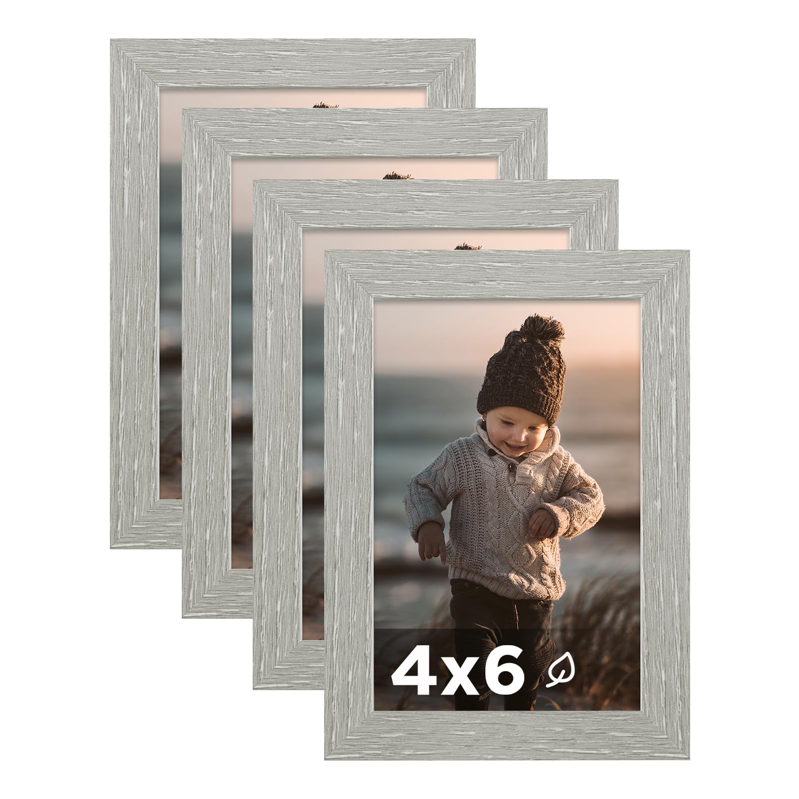 KINLINK 4x6 Picture Frame Light Grey Set of 4, Wooden Photo Frames with Plexiglass for 4x6 without Mat for Table and Wall Display
