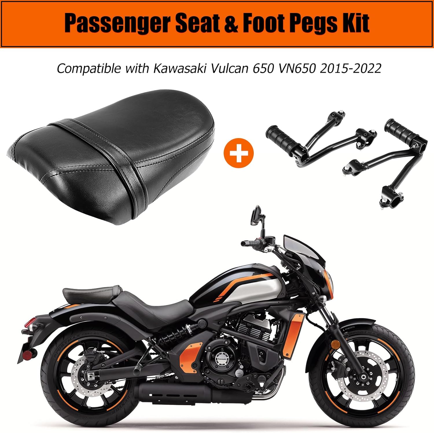 Motorcycle Passenger Seat & Foot Pegs for Kawasaki, Rear Seat Pillion Footpeg Kit Replacement Accessories for Kawasaki Vulcan S 650 VN650 2015-2025