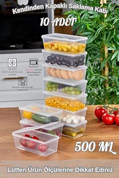 Arel - Set of 10 Storage Containers, 10 Pieces 500ml (0.5 LT) Rectangular Transparent Self-Lid Storage Containers, BPA Free, Refrigerator, Freezer and Cabinet Organizer