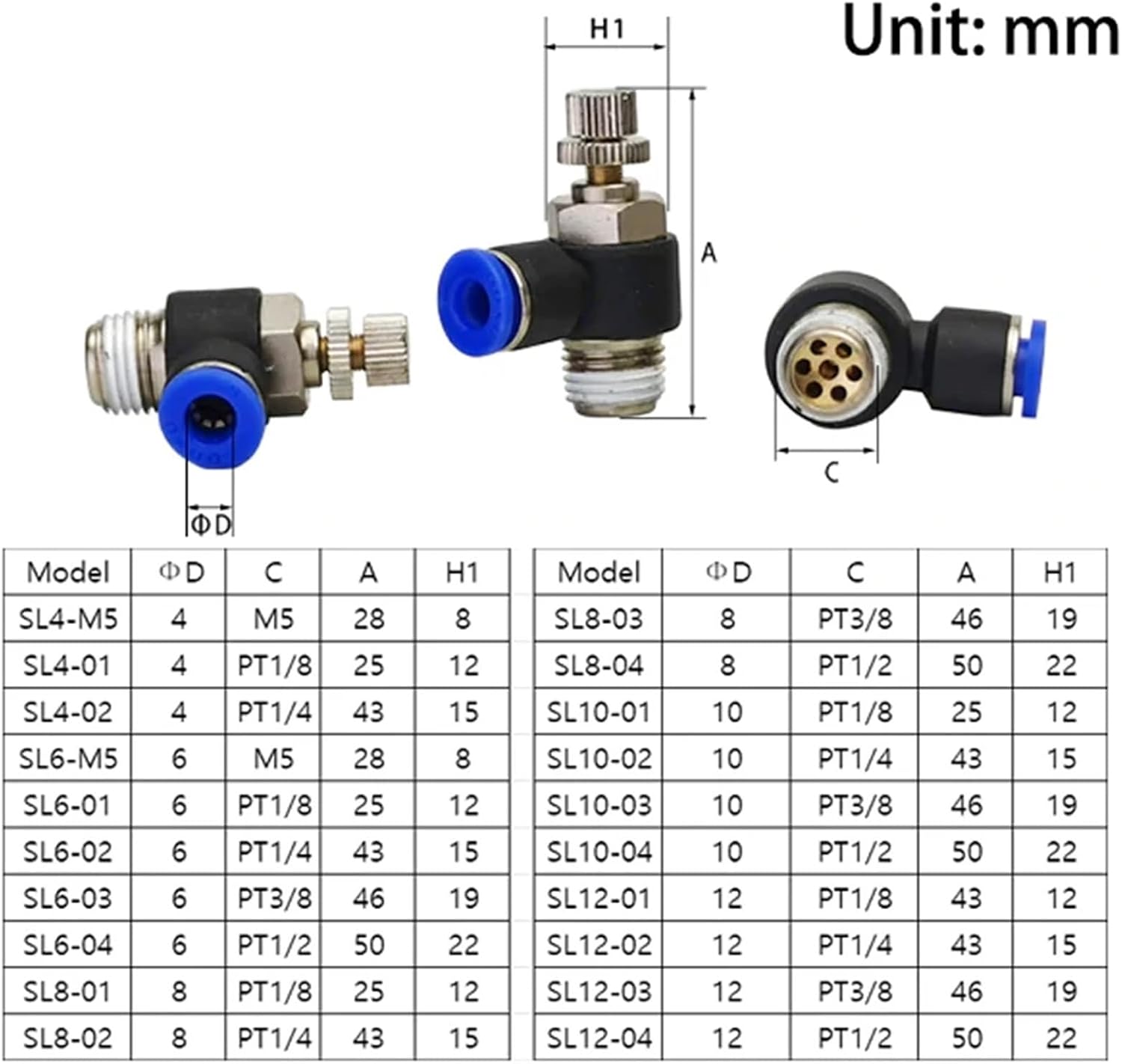 30PCS/Lot Hrottle Valve SL 4 6 8 10 12mm Fast Connection Pneumatic Fitting M5 1/8" 1/4" 3/8" 1/2" Air Speed Regulating Valve(4-M5)