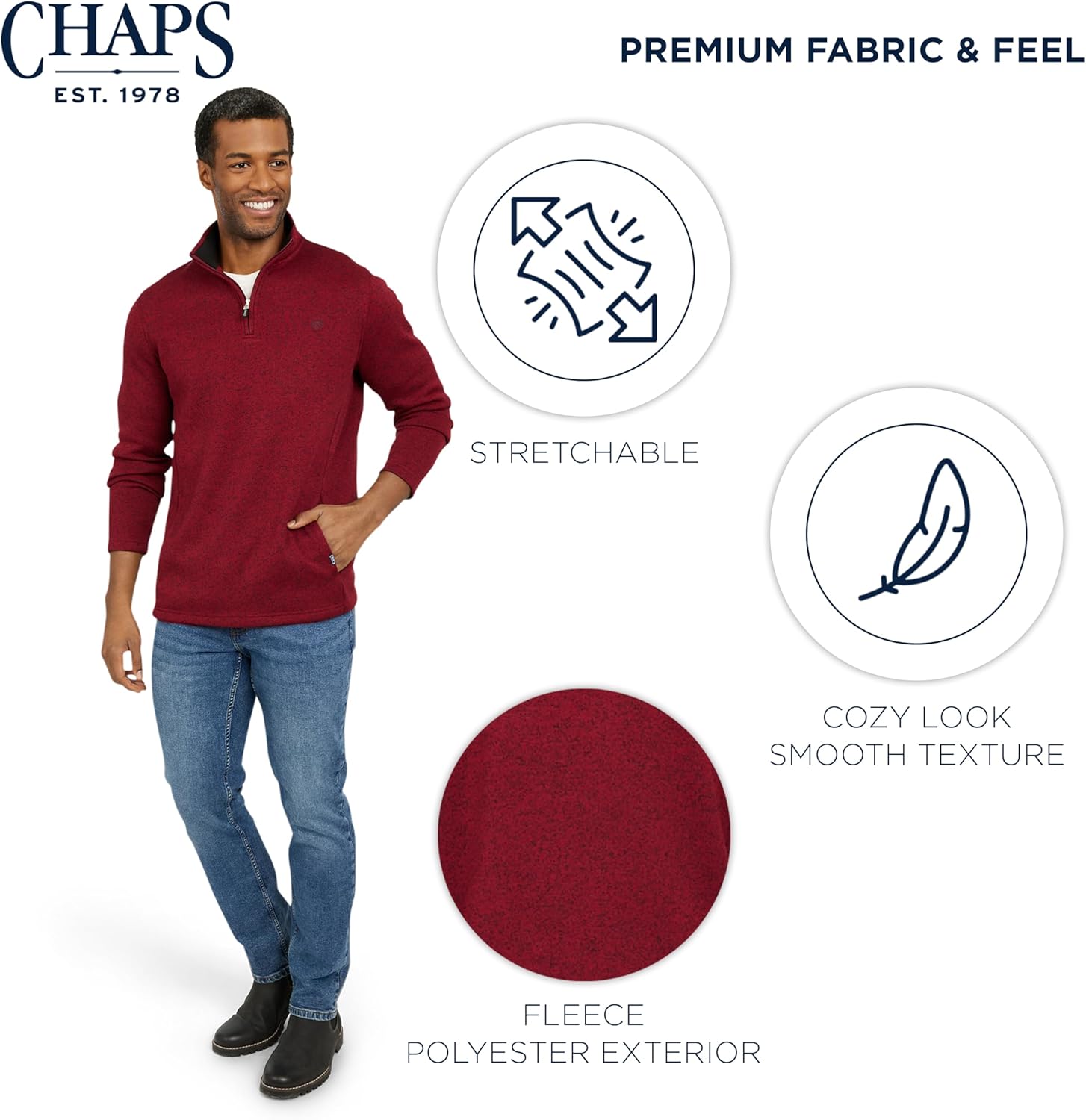 Chaps Men's Regular Fit Long Sleeve Midweight Quarter Zip Fleece Pullover Sweater (S-XXL) - Image 5