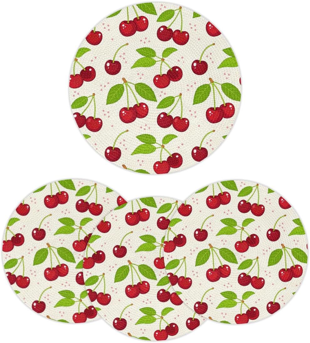 Cherry Print Round Braided Placemats Set of 6 Washable 15 Inch Round Table Mats Woven Heat Resistant Round Place Mats for Kitchen Dining Table