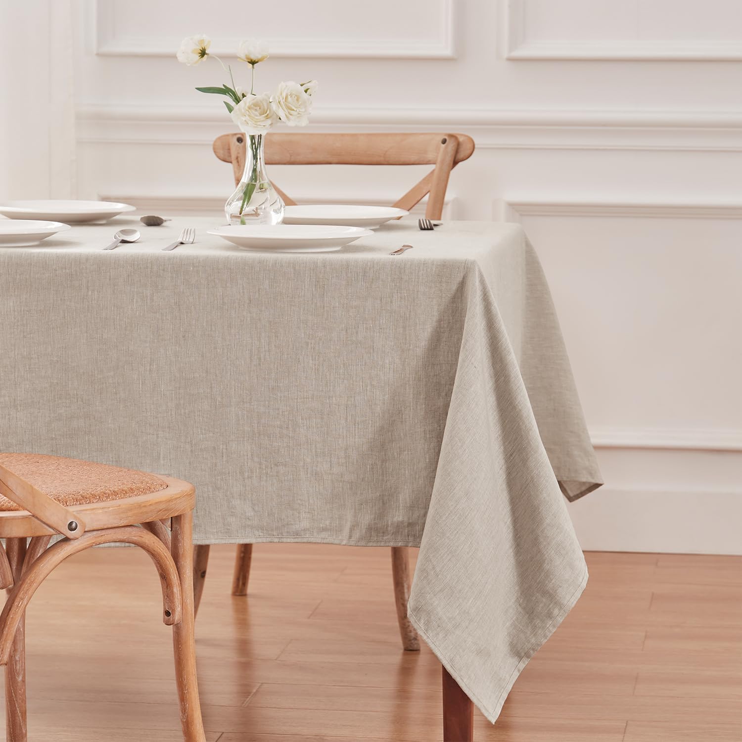 TOSMO 100% French Linen Tablecloth, Washable Farmhouse Rectangle Table Cloth for Kitchen, Dining, Party, Cocktail, Indoor and Outdoor Daily Use(60''x84'',Natural Linen)