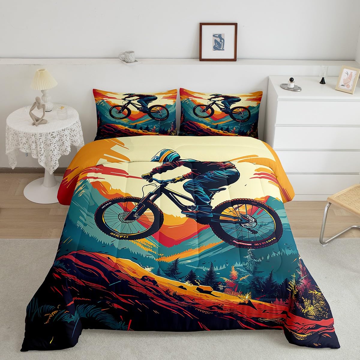 Erosebridal Motocross Duvet Cover Twin Size – Dirt Bike Bedding Set, Polyester Microfiber, 68x90 Inches With Pillow Sham