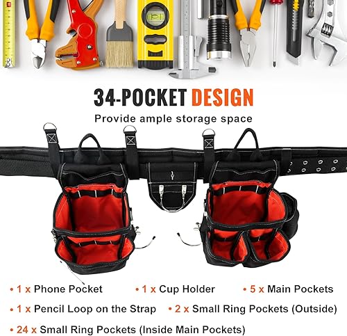 Miniatura 5 de VEVOR Cinturón de herramientas con tirantes, 34 bolsillos, tamaño de cintura ajustable de 29-54 pulgadas, cinturones de herramientas para hombres,