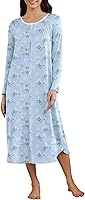 Ekouaer Women's Long Sleeve Henley Nightgown - Full Length Sleepshirt with Pockets, Soft Stretchy Sleep Dress S-3XL