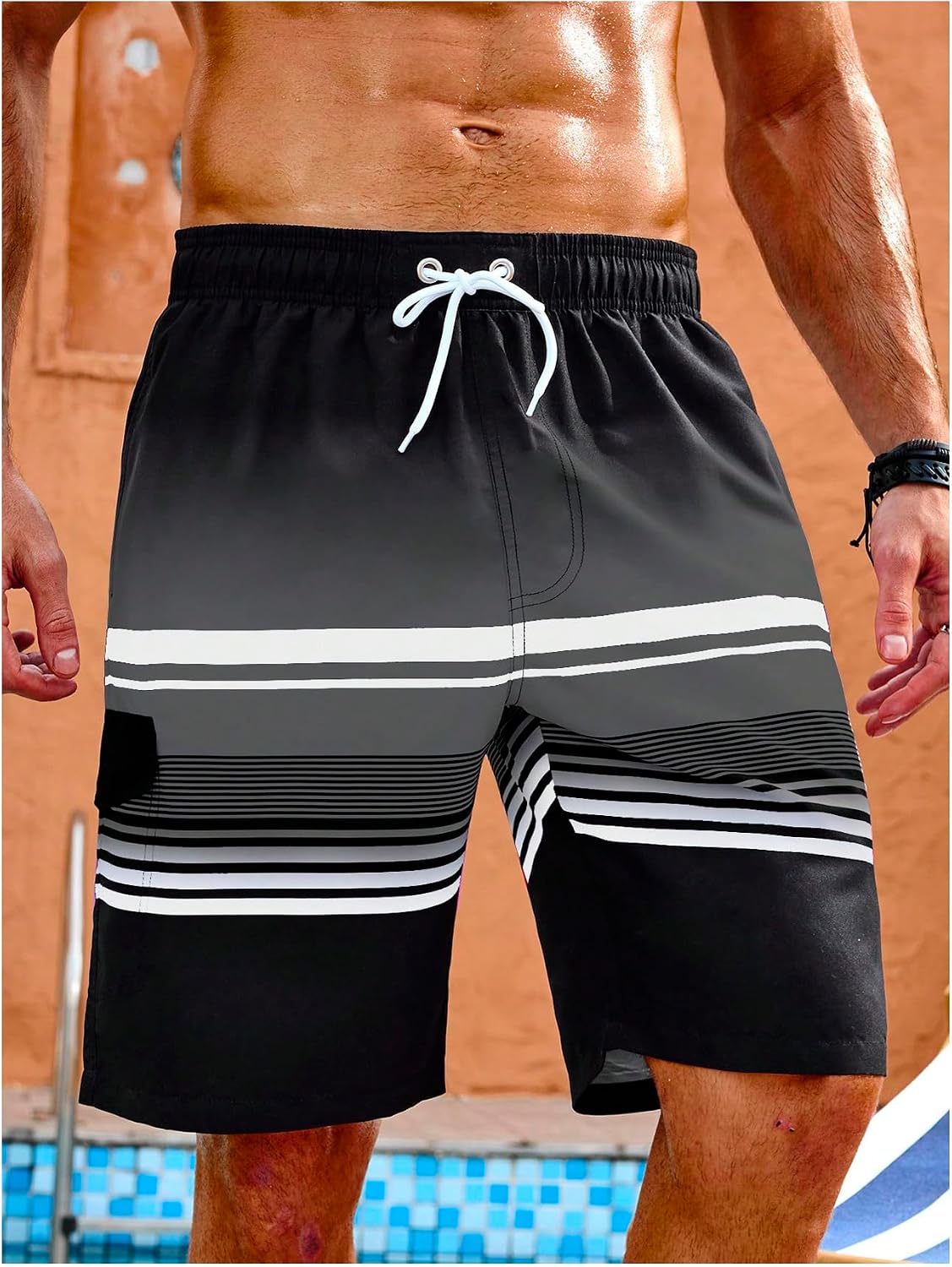 SOLY HUX Men's Striped Swim Trunks Summer Drawstring Board Shorts Cruise Beach Bottoms