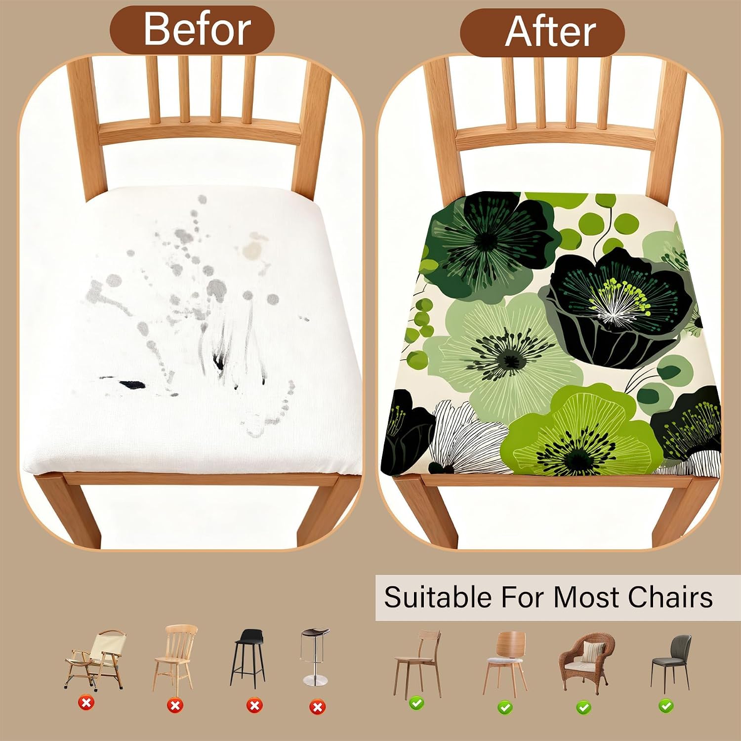 Chair Seat Covers - Waterproof Stretch Printed Dining Room Chair Cover with Elastic Ties Removable Washable Dining Upholstered Chairs Protector (Cyan, Four-piece Set)