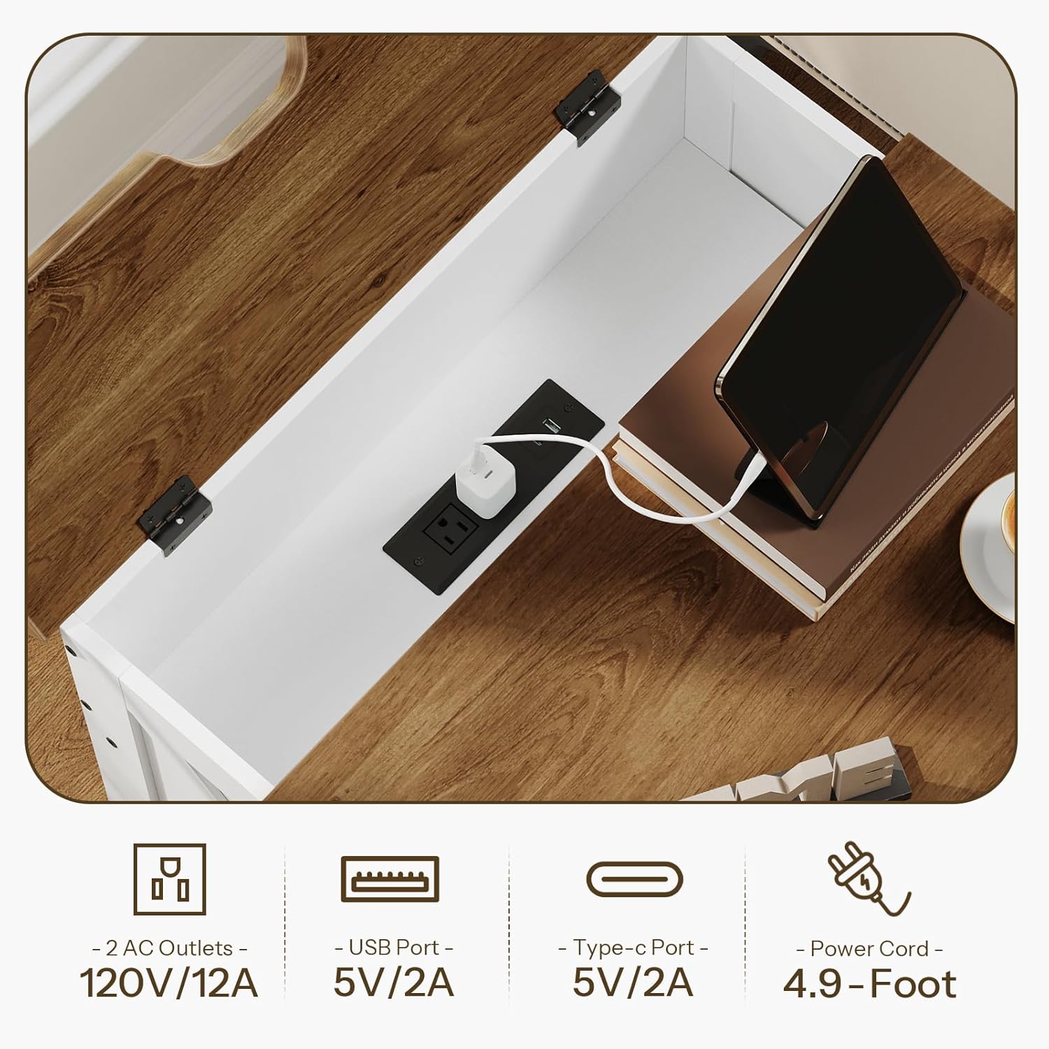 HOOBRO Farmhouse End Tables for Living Room, 23.6" Large End Table with Charging Station, Sofa Side Table with Drawer, Large Square Nightstand, Flip Tabletop, White and Walnut WH605UBZ01