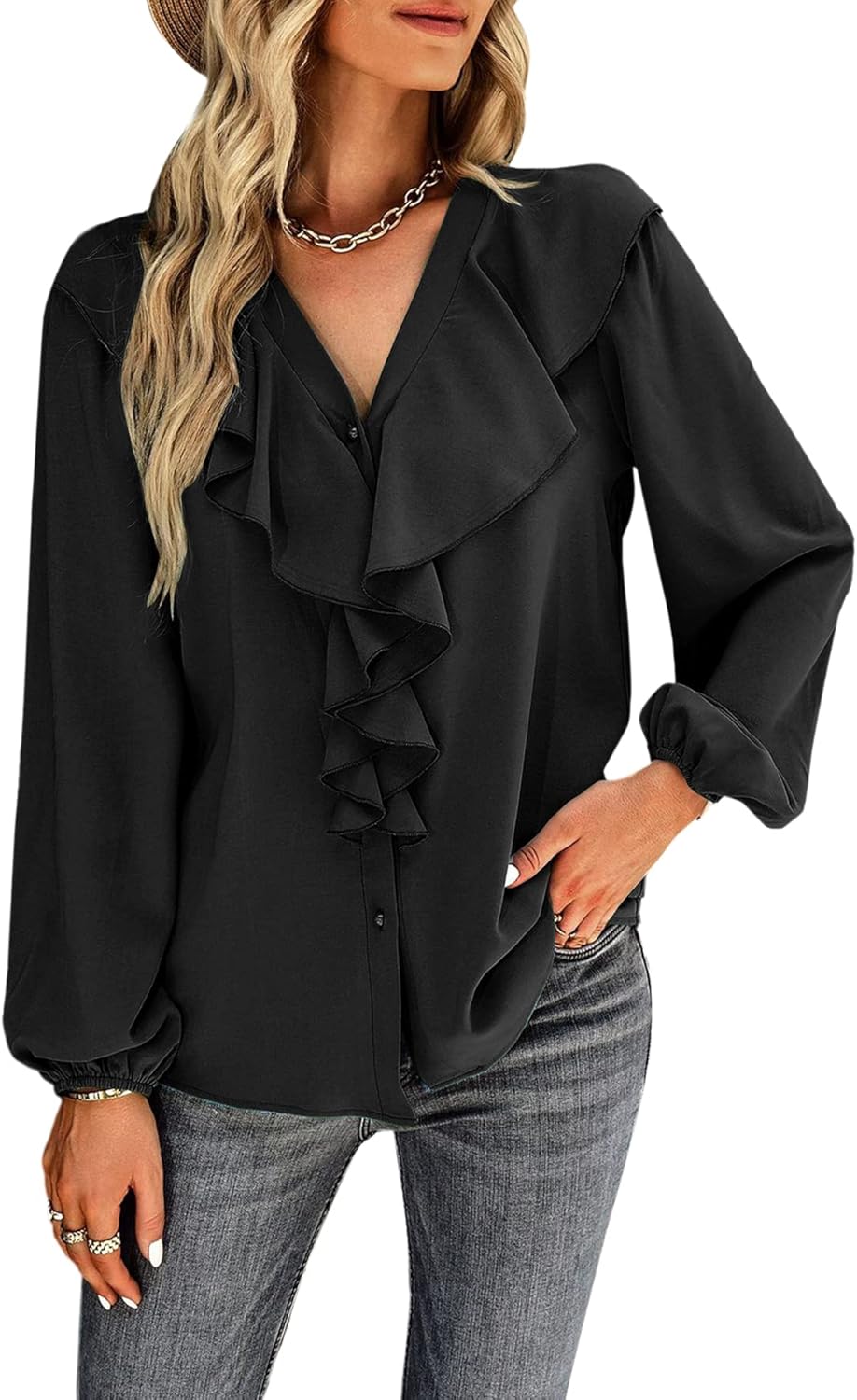 Vrtige Women's V Neck Ruffle Front Button Down Long Sleeve Blouse Top Shirt - Image 4