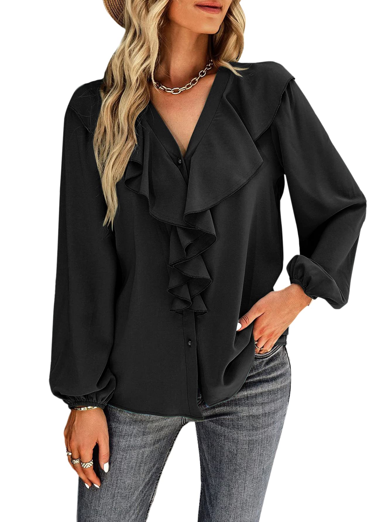 Vrtige Women's V Neck Ruffle Front Button Down Long Sleeve Blouse Top Shirt