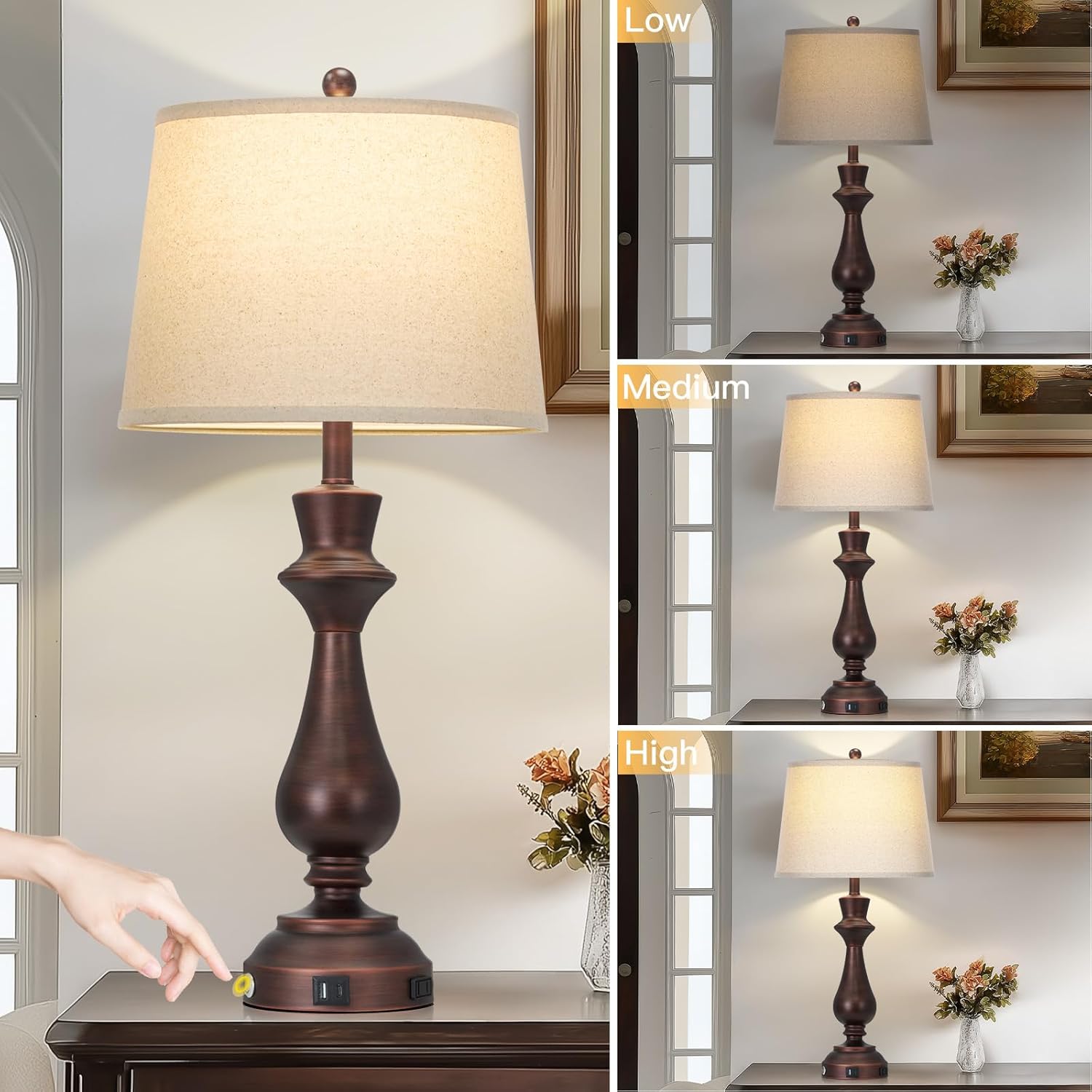 Touch Lamps for Night Stand- 29.5" Tall Bedside Lamp with USB C+A, 3 Way Dimmable Bedroom Lamps, Vintage Brown Table Lamps for Living Room,Single Brown