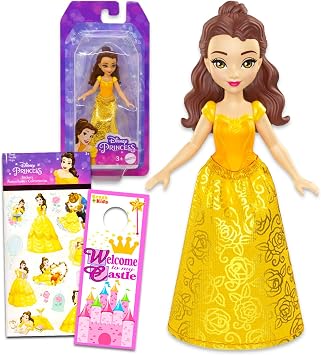 Disney Princess Belle Doll for Girls - Beauty and the Beast Bundle with 4" Bell Mini Doll and Beauty and the Beast Sticker and More | Mini Disney Princess Figurine Belle
