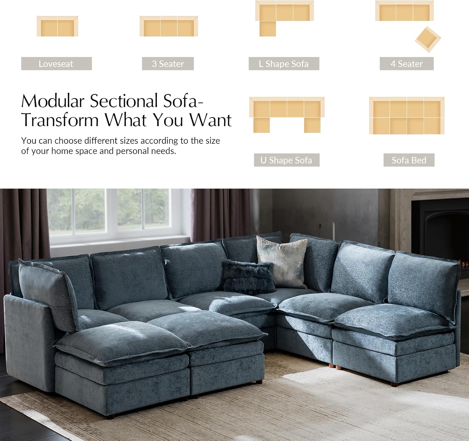 HULALA HOME Oversized Modular Sectional Sofa with Dual-Layered Cushions, 8 Seater Sleeper Sofa with Storage Ottoman and Removable Cover, Modern Deep Seat Cloud Couch for Living Room, Blue