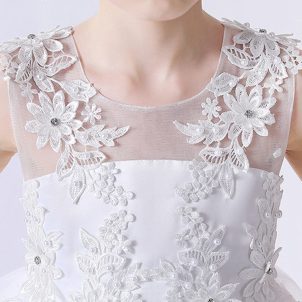 Vestito lungo da bambina con fiori ricamati da principessa, linea A, abito da damigella d'onore, per la prima comunione, per il compleanno, per le feste, A#bianco., 9-10 Anni