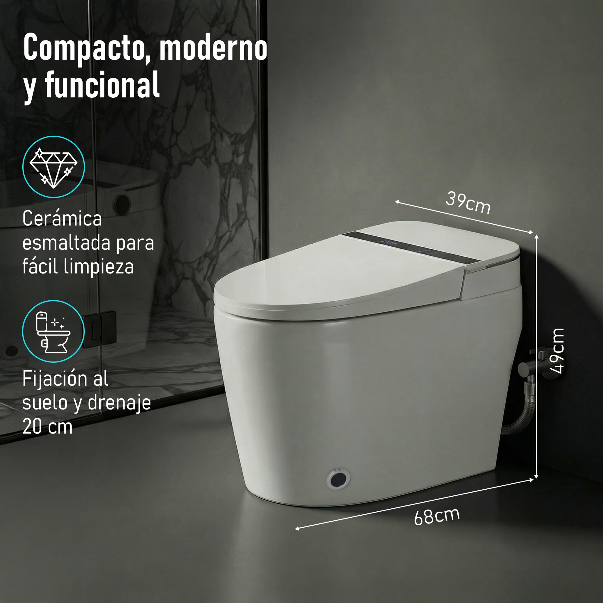 Inodoro Inteligente Estilo Japonés | 680x390x490 mm | WC con Bidet Integrado, Asiento Calefactable, Agua Caliente y Secado, Sensor, Control Remoto y Tapa Automática, Sin Depósito (Blanco | 1C)
