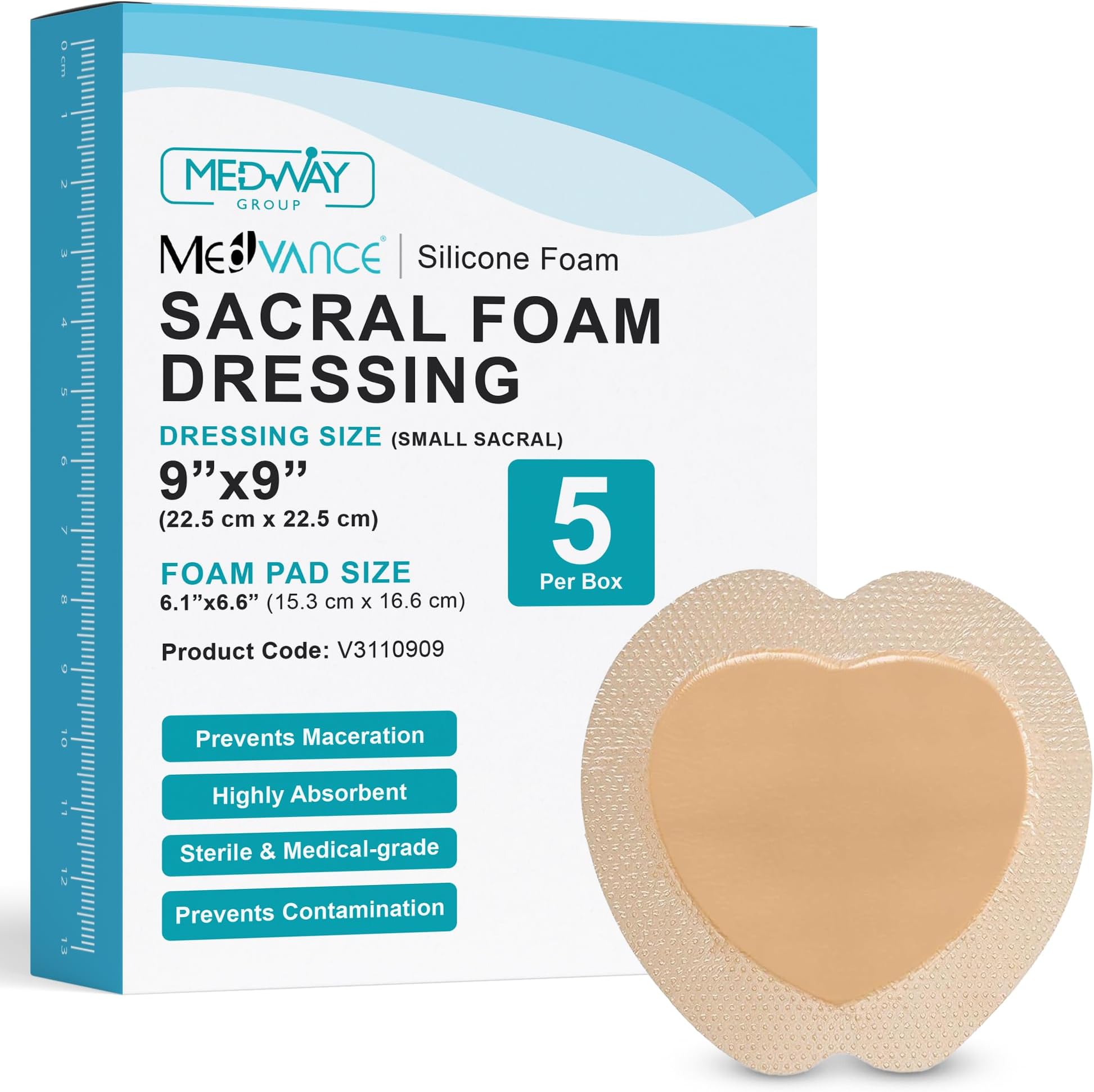 MedVance Sacral Foam Dressing, Bed Sore Bandages, Bordered Silicone Sacral Dressing, Sacrum Silicone Foam Dressing with Border, Size 9"x 9" (6.1" Pad x 6.6" Pad), Box of 5 dressings