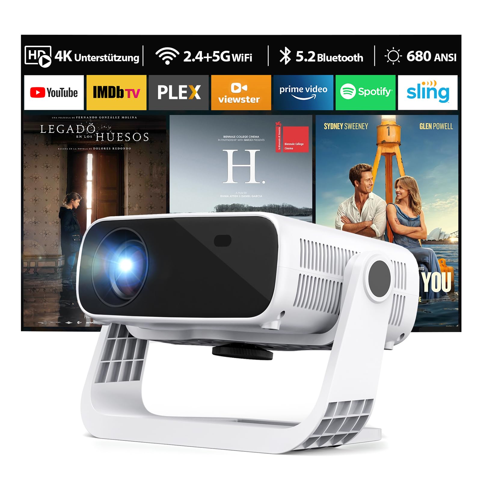 Wielio 2025 New Smart Projector Built-in Apps, Android 11, Native 1080P 4K Supported WiFi 6 Bluetooth 5.2, 28000 Lumens, Low Fan Noise (<30dB), Home Cinema Projector for iOS/Android/PS5
