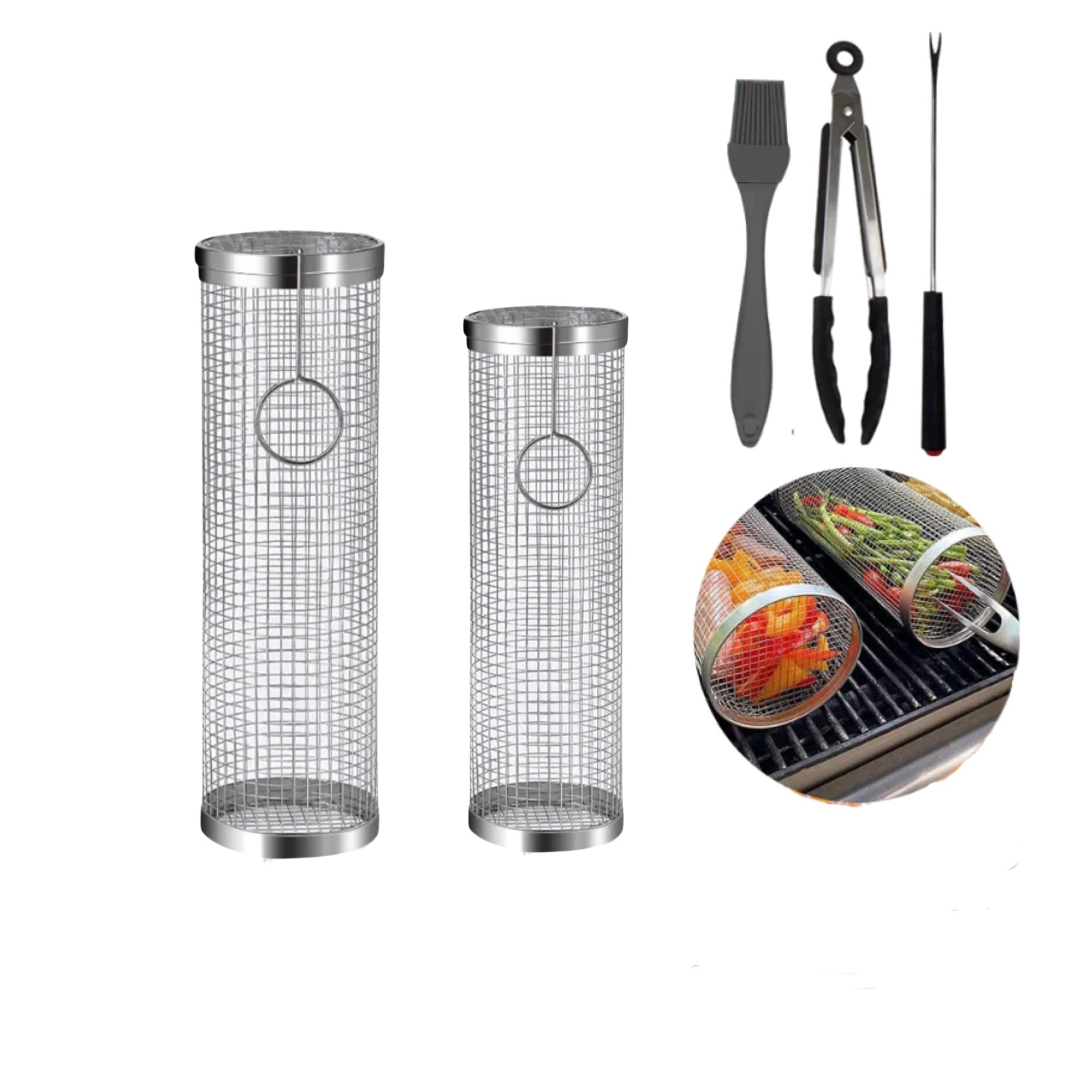 GANA Solutions Grill Basket - 5PCS - Rolling Grilling Baskets for Outdoor Grilling - Bbq Rolling Grill Basket - Grill Basket for Veggies - Includes Large and Small Basket, Brush, Food Clip and Fork