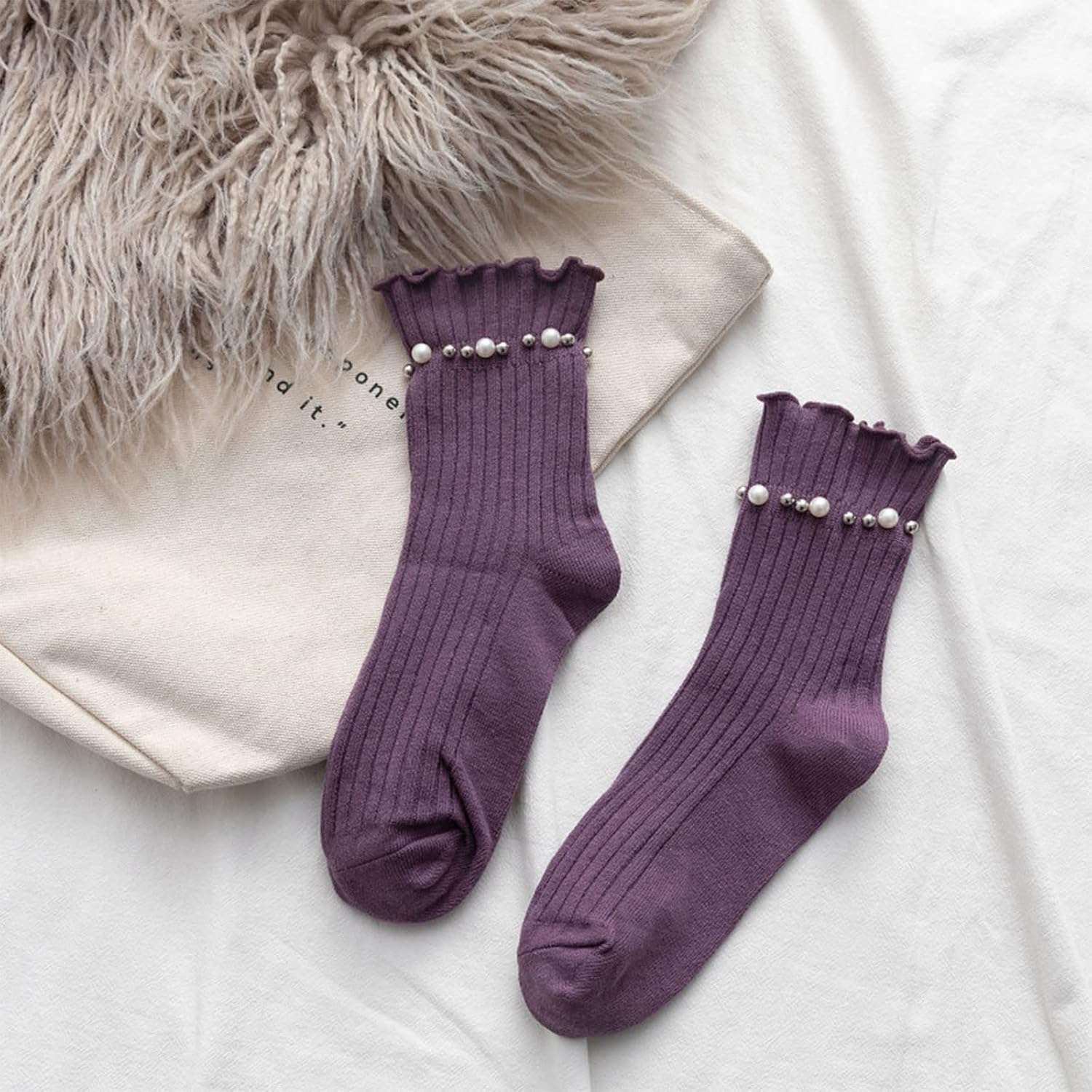 Women Ribbed Cotton Socks with Pearls Beaded Ruffled Trim Solid Hosiery Black