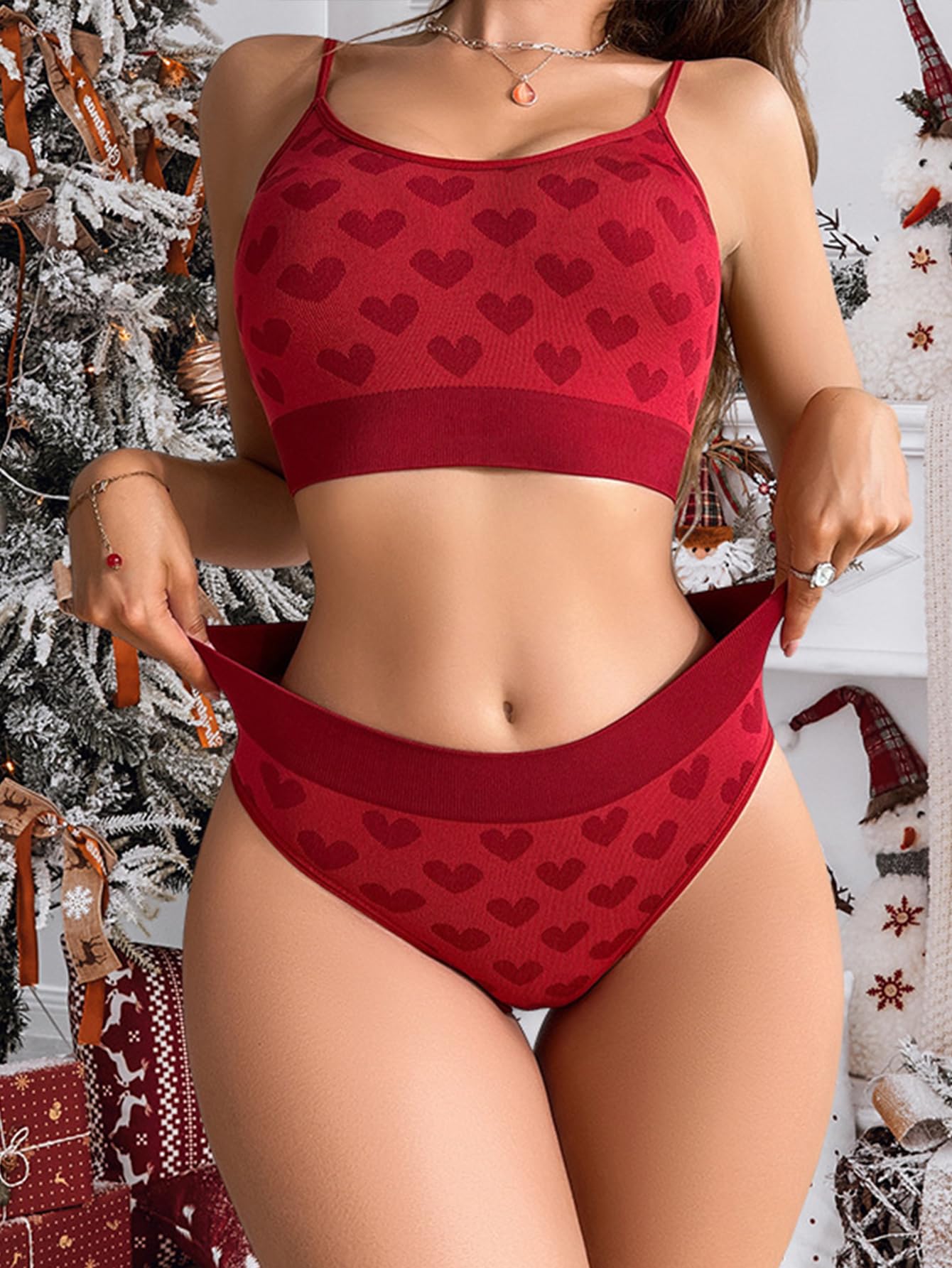 abandi Women's Wireless Ribbed Knit Bra and Panty Set,Camisole and Panties Sports loungewear, High Waist Bra and Panty Sets: Small Red