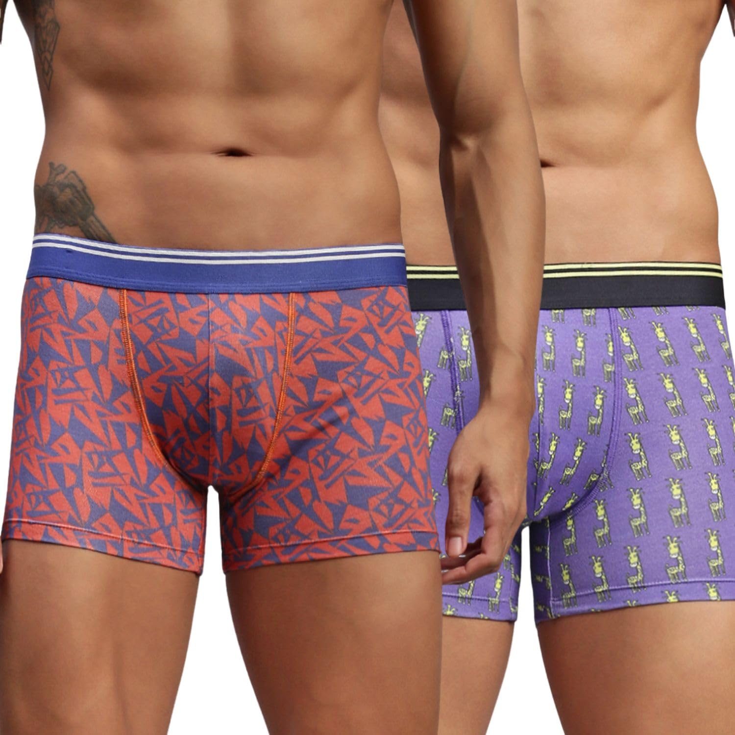 hayu 2PC Pack of Abstract Triangle & Funky Giraffe Men Modal Printed Trunks Multicolour-picture-10