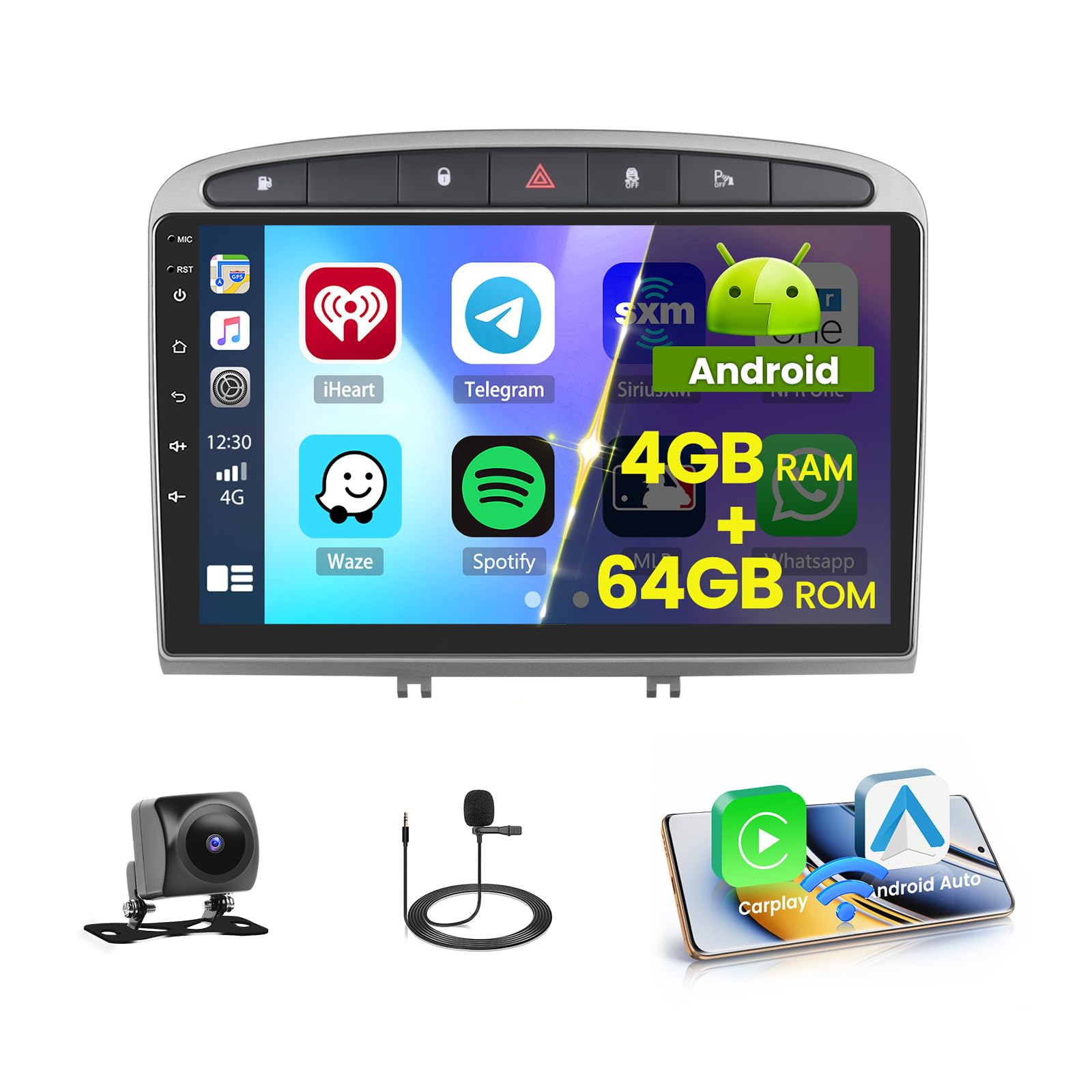 5G WiFi 4+64G Android Radio de Coche para Peugeot 308/408 2007-2015 Inalámbrico Carplay, 9 Pulgadas IPS Pantalla Táctil Autoradio Bluetooth Android Auto GPS FM/RDS Cámara Trasera