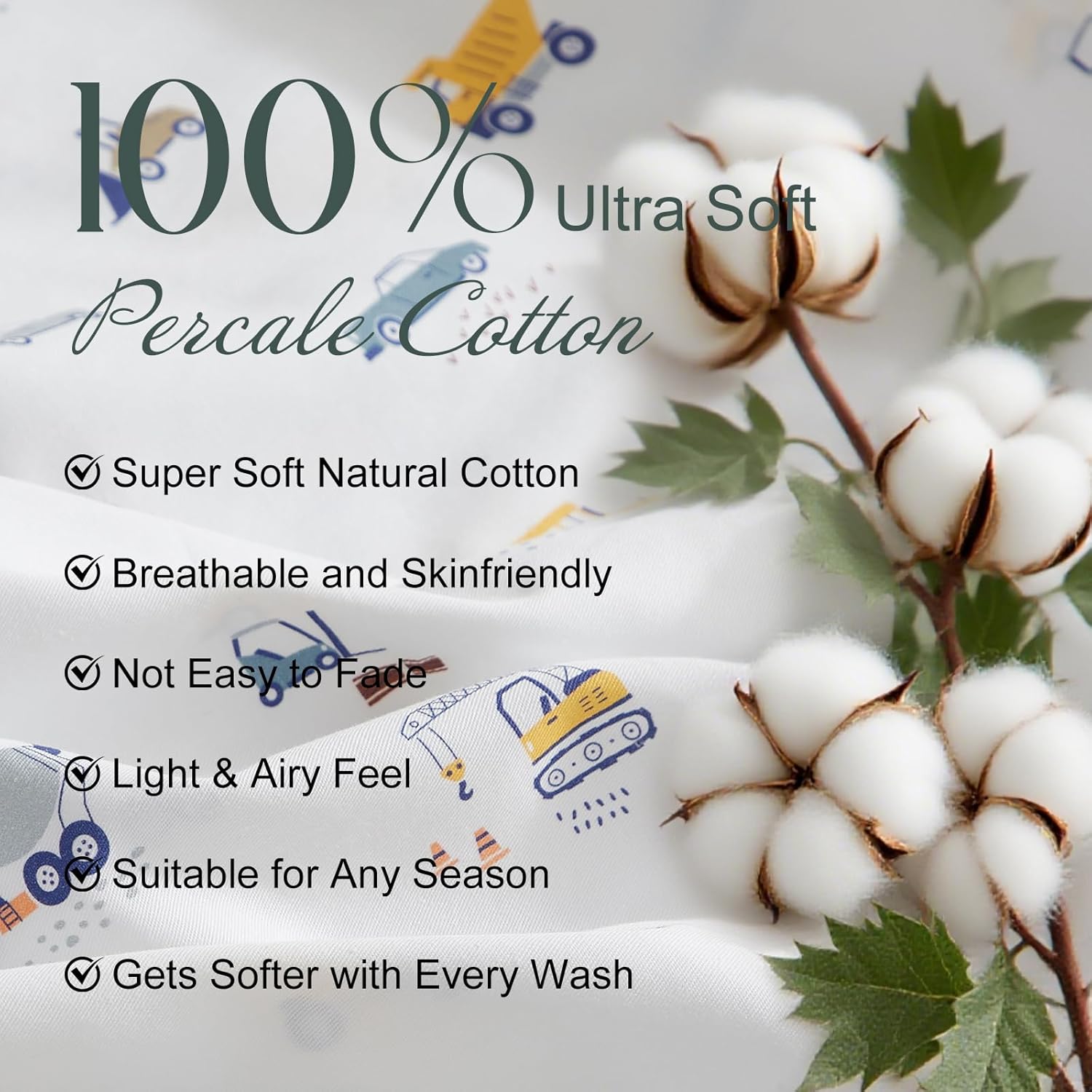 Ivellow Twin Sheets Set Kids 100% Natural Cotton Sheets Soft Breathable Durable Lightweight Crispy Percale Bed Sheets 16" Deep Pocket Excavator Car Patterned Kids Twin Bedding Dorm Essentials