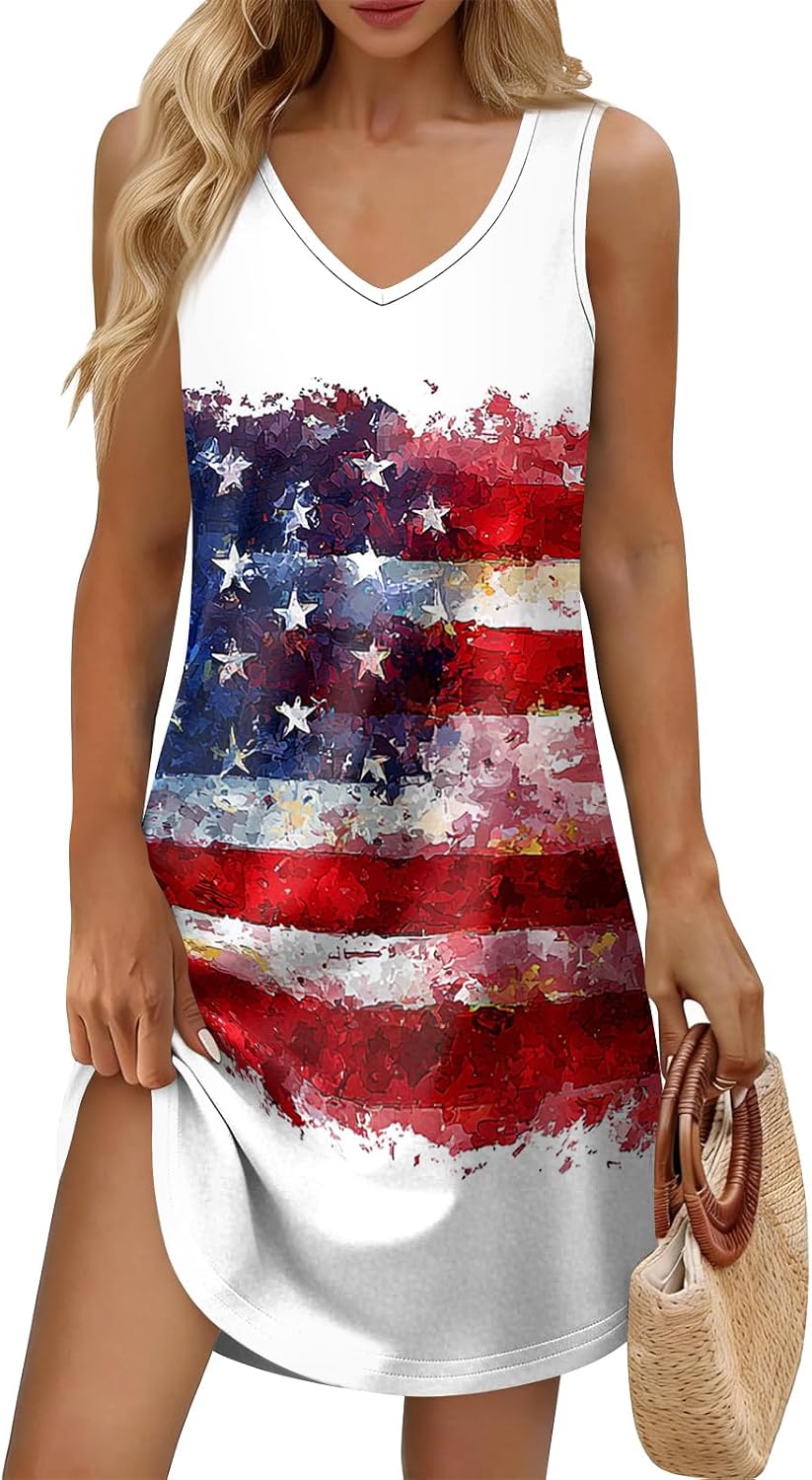 1776-2026 250 Anniversary USA Flag Print V Neck Mini Tank Dresses Patriotic Dress 4th of July Dress Women