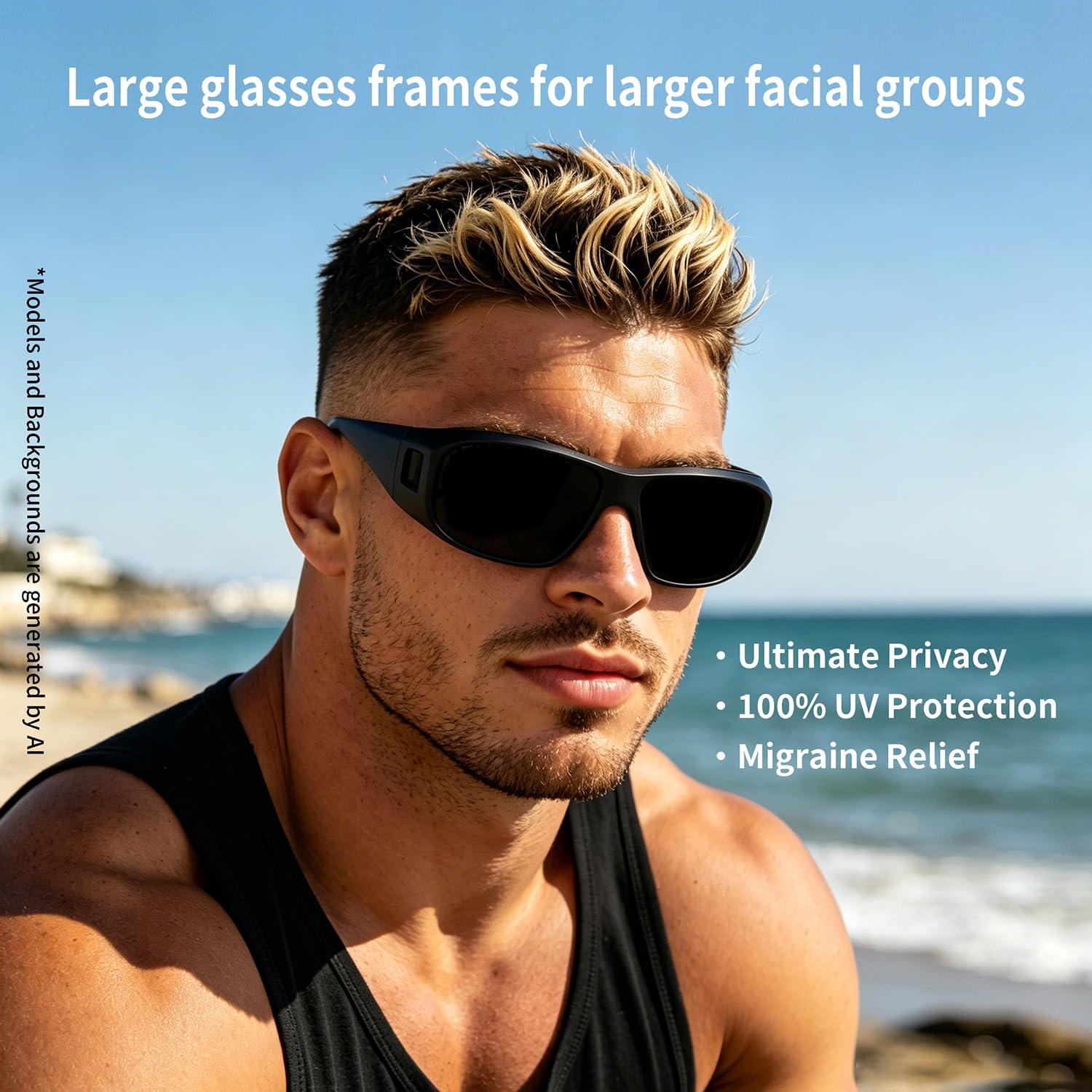 Super ciemne czarne soczewki dopasowane do owijania XL duże okulary przeciwsłoneczne wrażliwe na migrenę okulary przeciwsłoneczne - bardzo duże 150 mm