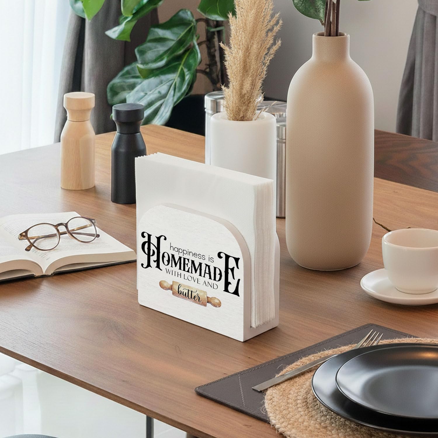 Baking Kitchen Wood Napkin Holder, Happiness Is Homemade with Love and Butter Wooden Standing Napkin Dispenser for Table Kitchen Dining Room Party Bakery Decorations