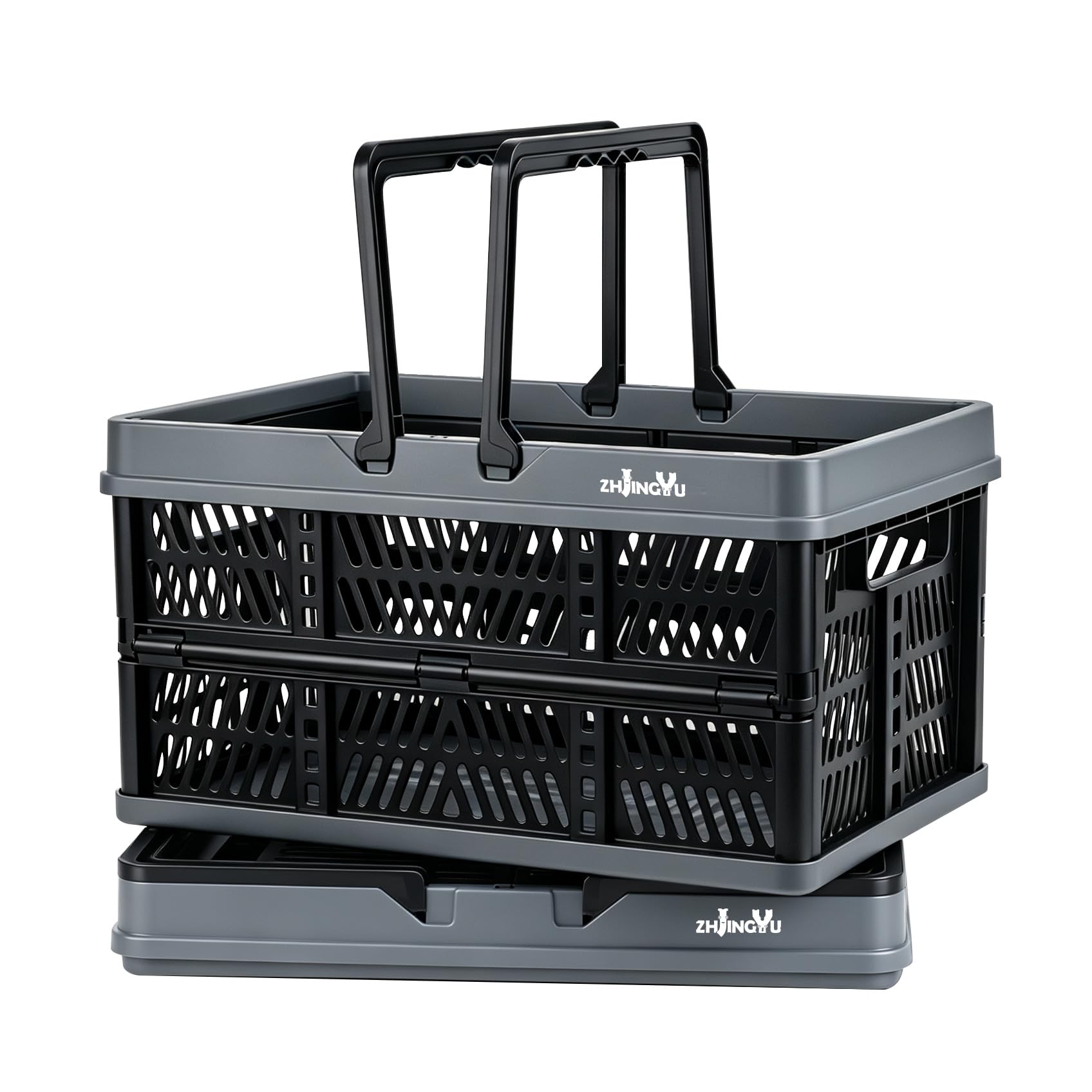 Pack-2 Black Plastic Baskets with Handles,Collapsible crates for Storage