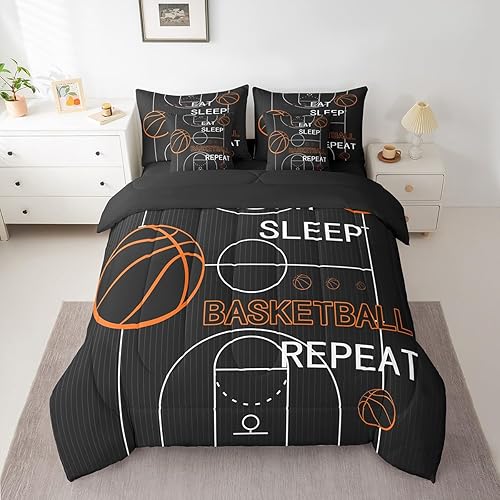 jejeloiu Basketball Comforter Full 7 Pcs Basketball Court Bedding Set Kids Eat Sleep Basketball Ball Pattern Gaming Sports Theme Black Bed in a Bag with Comforter, Sheets, Pillowcases & Cushion Cover