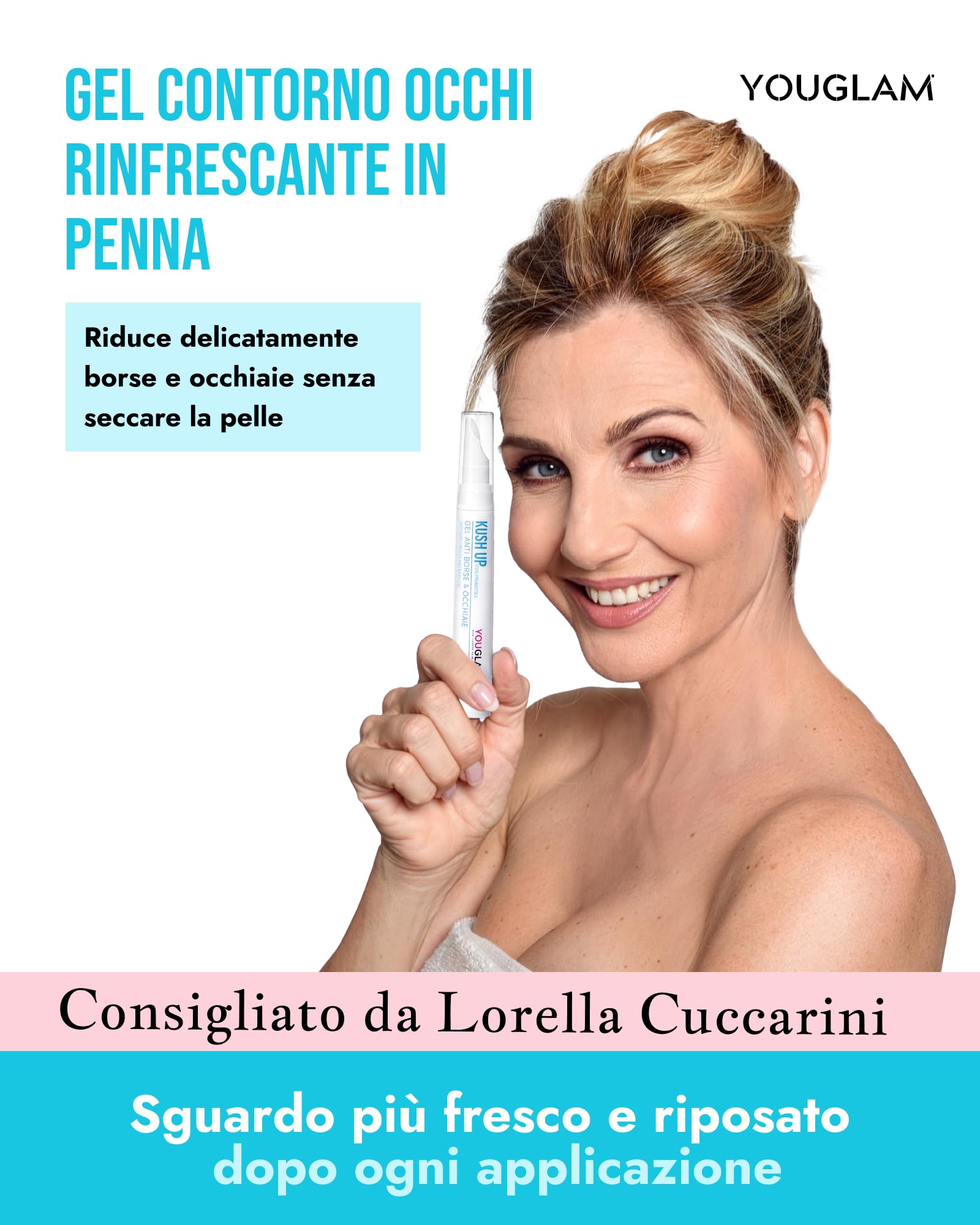 YOUGLAM Kush Up Azzurra – Contorno Occhi Crema Gel con Caffeina, Acido Ialuronico – Occhiaie, Borse – Idratante Rinfrescante Illuminante – Eye Cream 30 ml