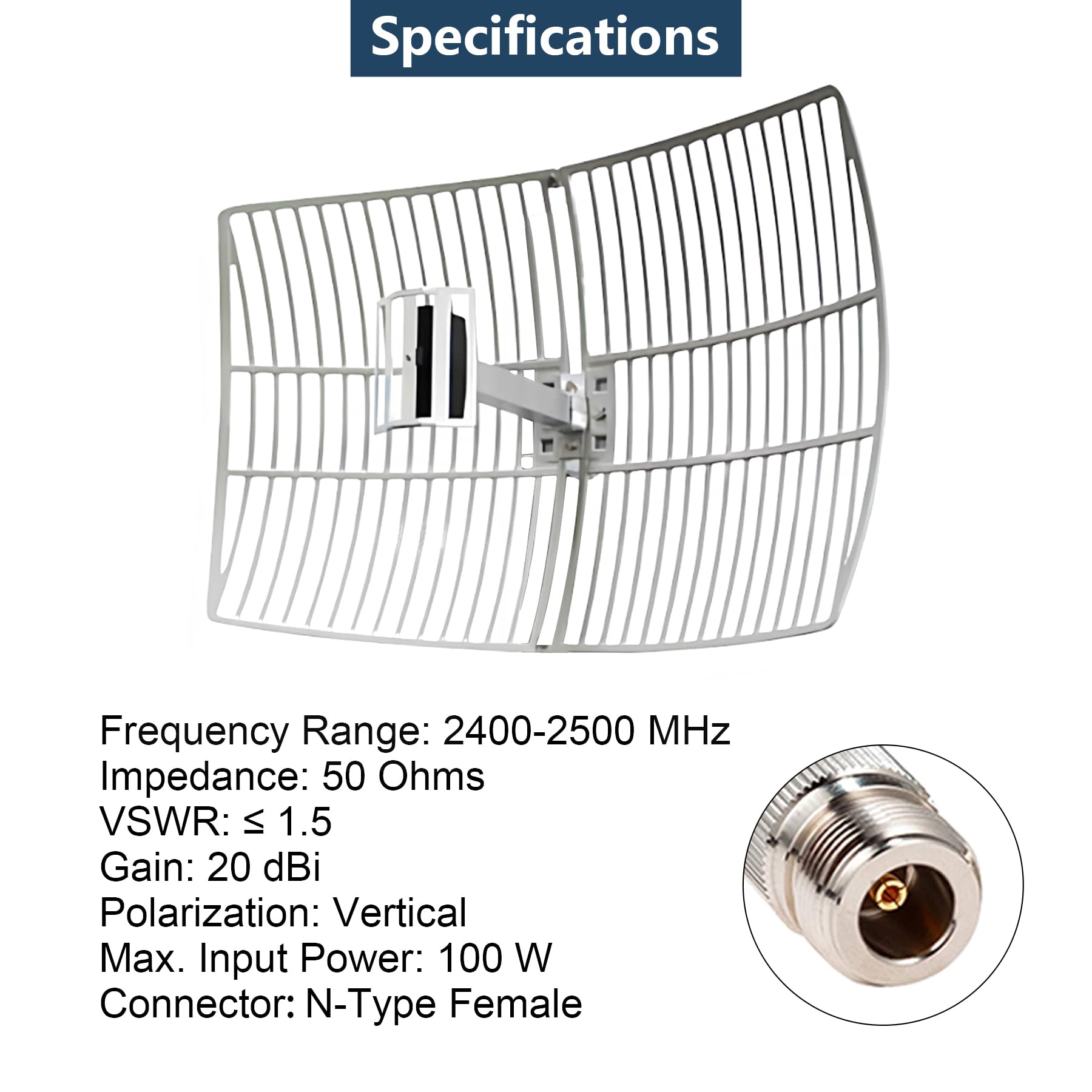 2,4 GHz 20dBi High-Gain WiFi Zewnętrzna antena kierunkowa z siatką paraboliczną (2400-2500 MHz) ze złączem żeńskim typu N do odbioru lub transmisji sygnału na duże odległości