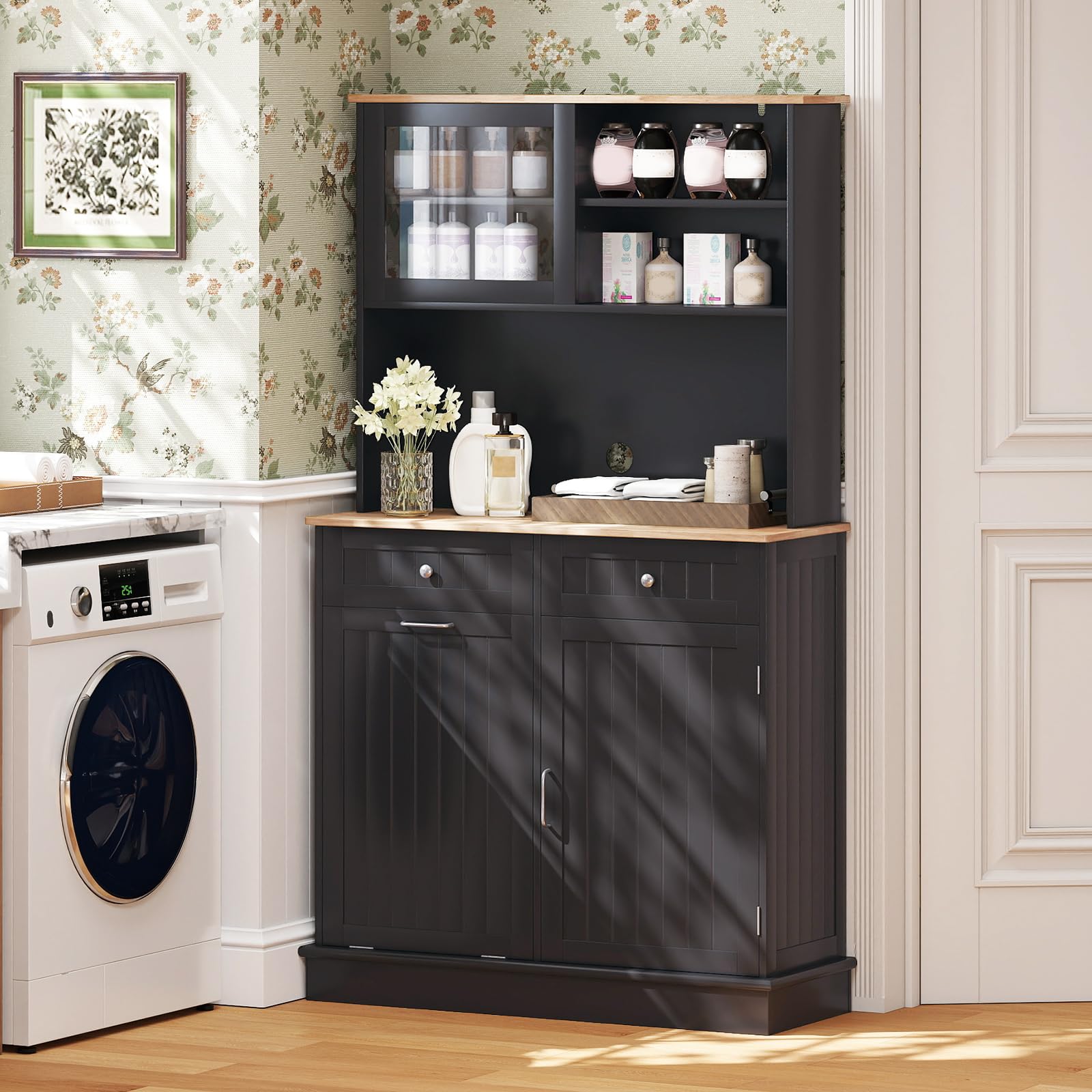 COSTWAY Küchenschrank, für 45 L Mülleimer, Buffetschrank mit Arbeitsplatte & 2 Schubladen & verstellbaren Einlegeböden, Hochschrank Küche für Mikrowelle, Kommode Holz, 100 x 34 x 172 cm (Schwarz)