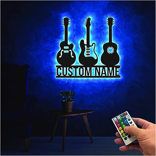 Silueta de guitarra personalizada LED arte de pared  Letrero personalizado con nombre de guitarrista, sala de música o regalo de estudio
