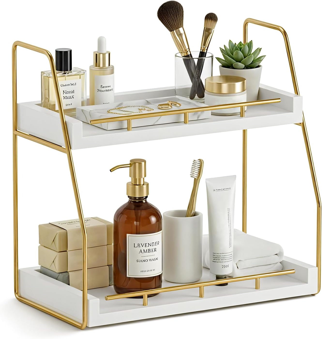 Mustry Bathroom Countertop Organizer, 2-Tier Makeup Organizer for Vanity, Wooden Shelf with Gold Metal Frame for Skincare, Perfume & Decor (White&Gold)