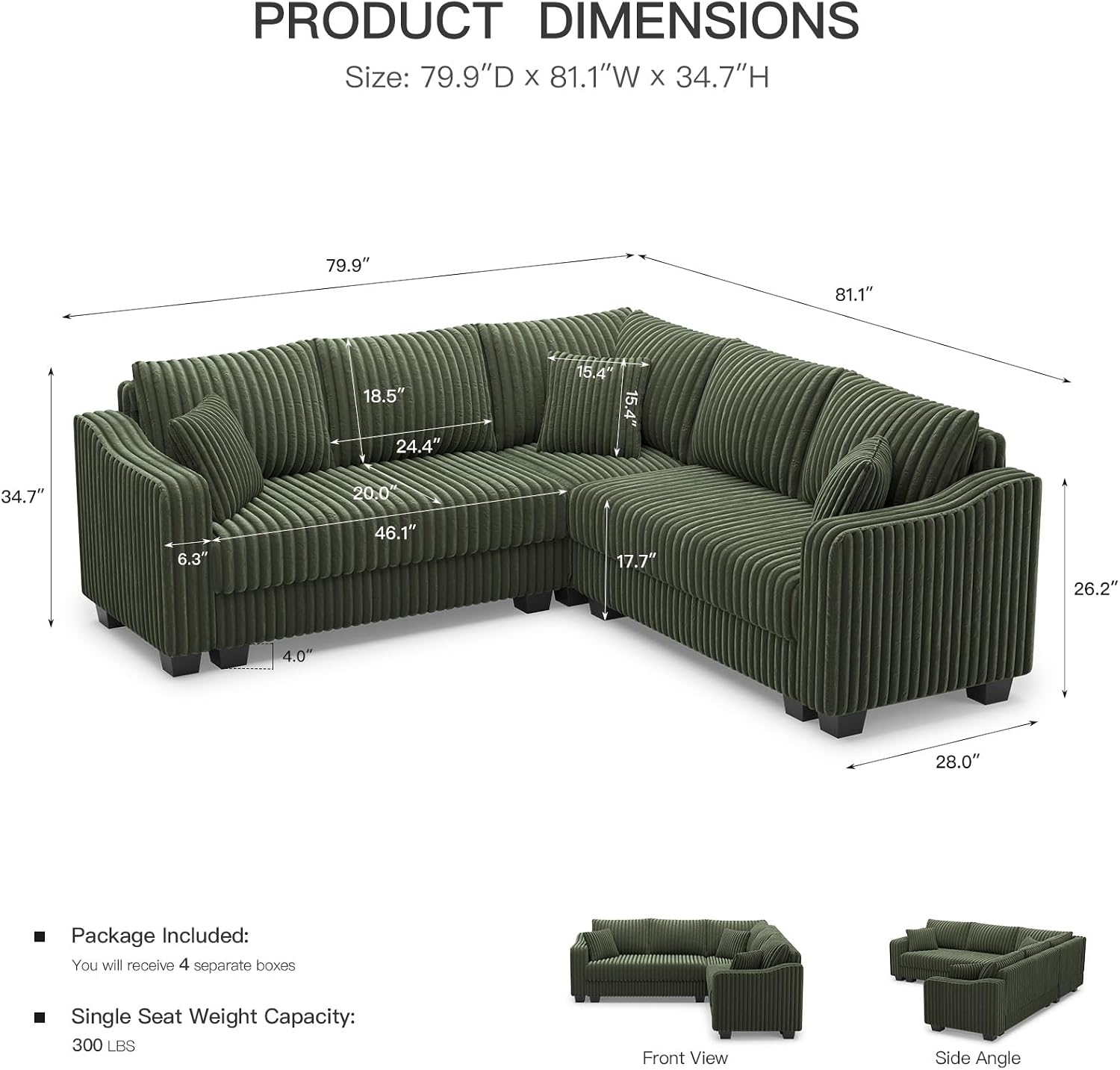 Green Corduroy V-Shaped Convertible Sectional Sofa with Chaise for Living Room