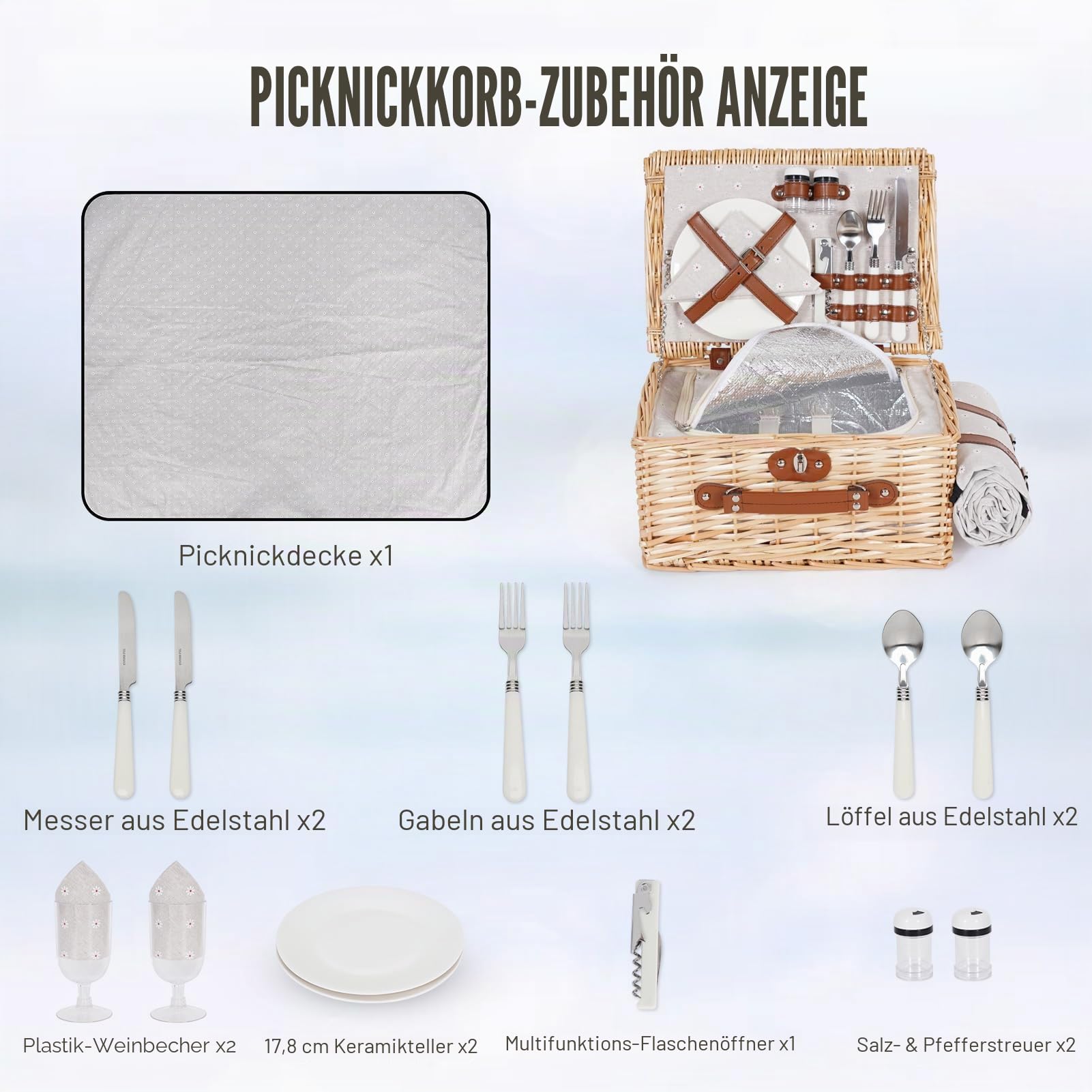HappyPicnic Picknickkorb-Set für 2 – Weiden-Picknickkorb mit wasserdichter Decke & isoliertem Innenfutter, großer handgefertigter Weidenkorb mit Besteckset für Outdoor, Picknick, Camping, Urlaub