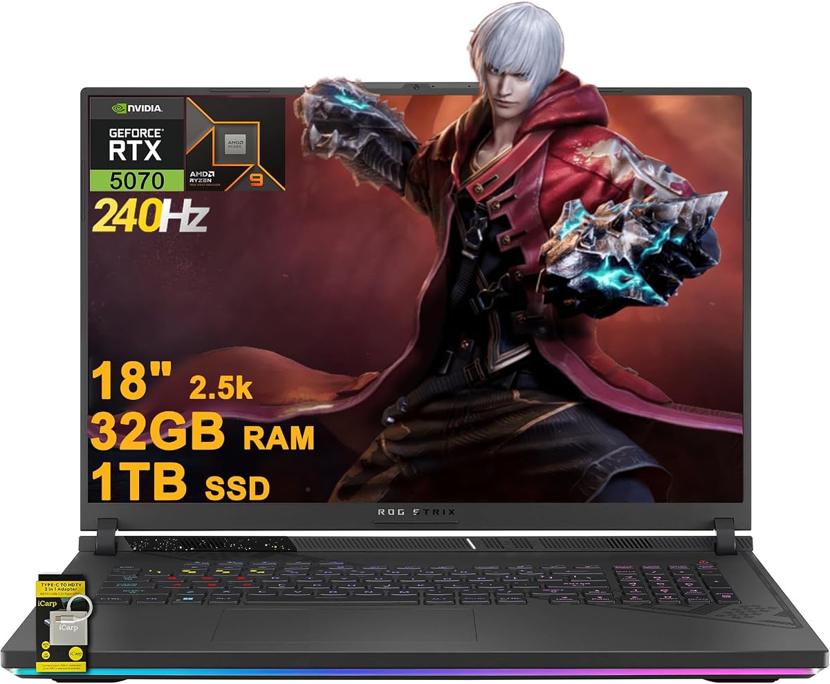 Laptop para juegos ASUS ROG Strix G18 G814 18" 2.5k (2560x1600) 240Hz (100% DCI-P3) AMD Ryzen 9 9955HX de 16 núcleos (>i9-14900HX) 32GB DDR5 1TB SSD GeForce RTX 5070 RGB Cámara FHD retroiluminada Win11 ICP Hub