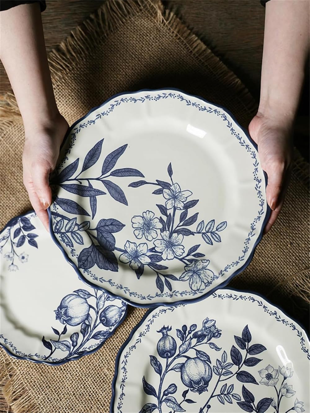 Ceramiczna miska, stek talerz obiadowy kreatywny niebieski kwiat gałęzie liście wzór warzyw miska zestaw talerzy zastawa stołowa prezent prezent ceramika zestaw obiadowy naczynia 4-częściowe zestawy