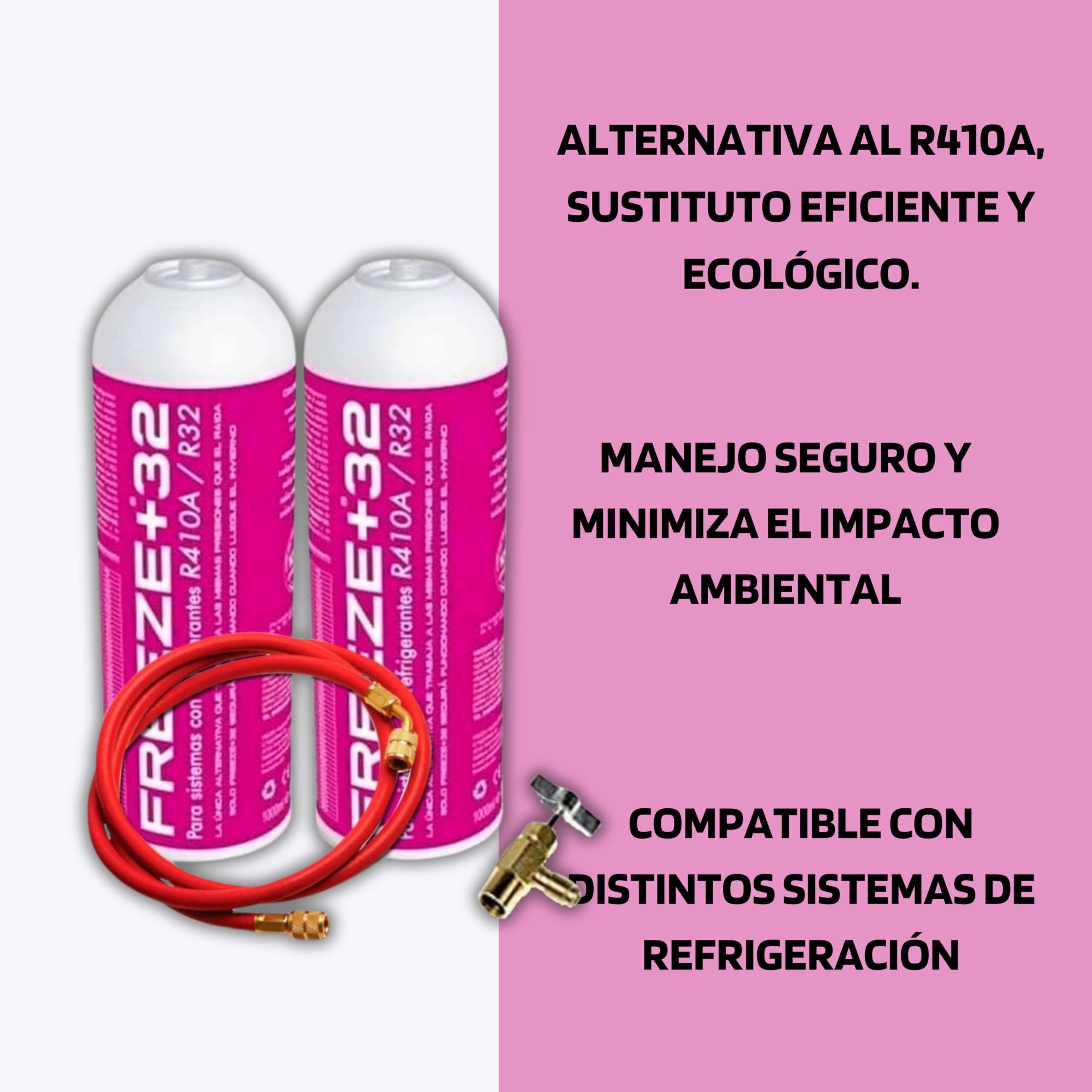 KIT Genérico Gas Refrigerante Freeze Orgánico +32 (2 Botellas 350Gr + Válvula Sustituto R32, R410A. + Manguera de Carga) - Gas Aire Acondicionado Coche, Gas R32 Para Aire Acondicionado, Refrigerante R