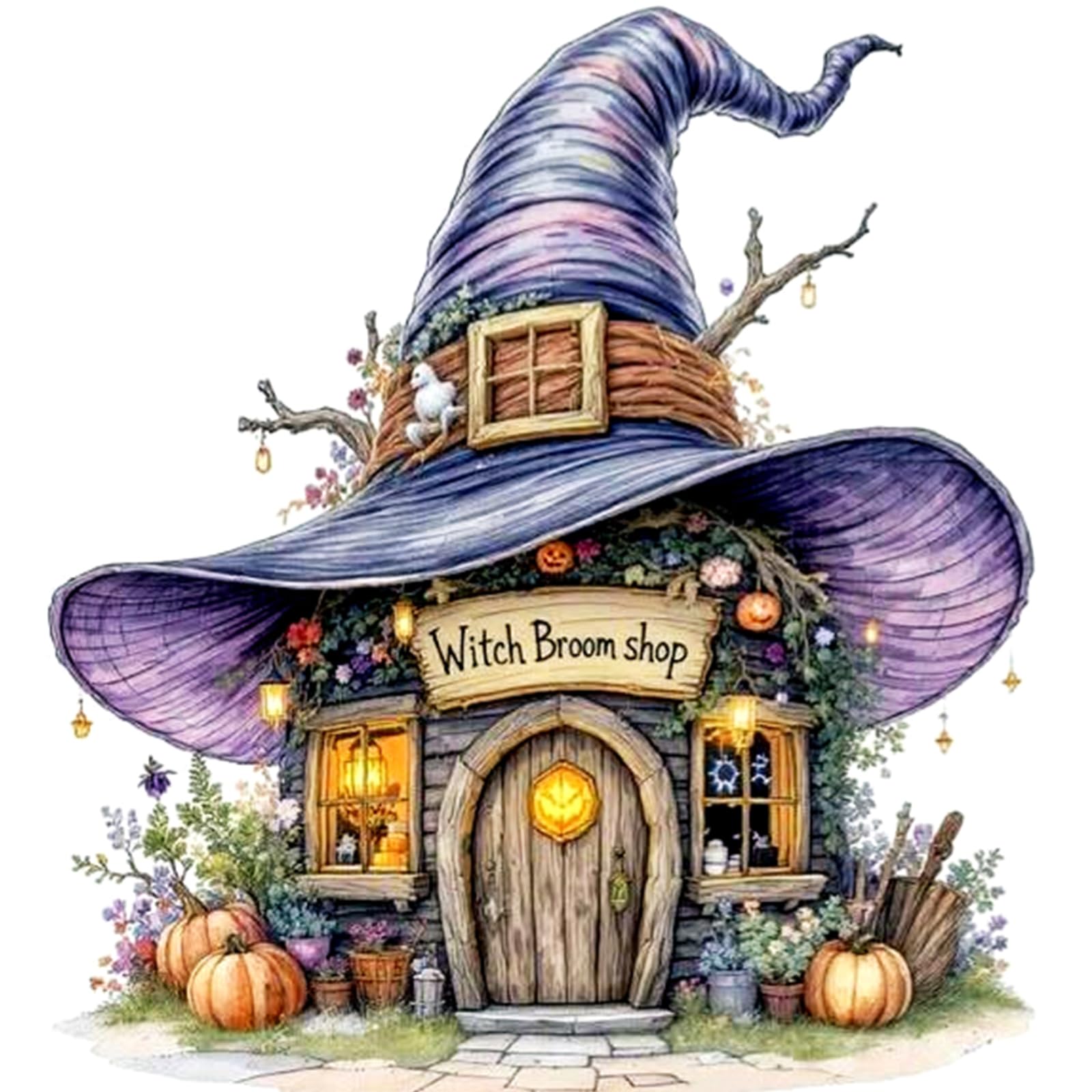 Witch Broom Hut 14Ct Stamped Cross Stitch Kits For Adults Beginners Halloween Cabin Full