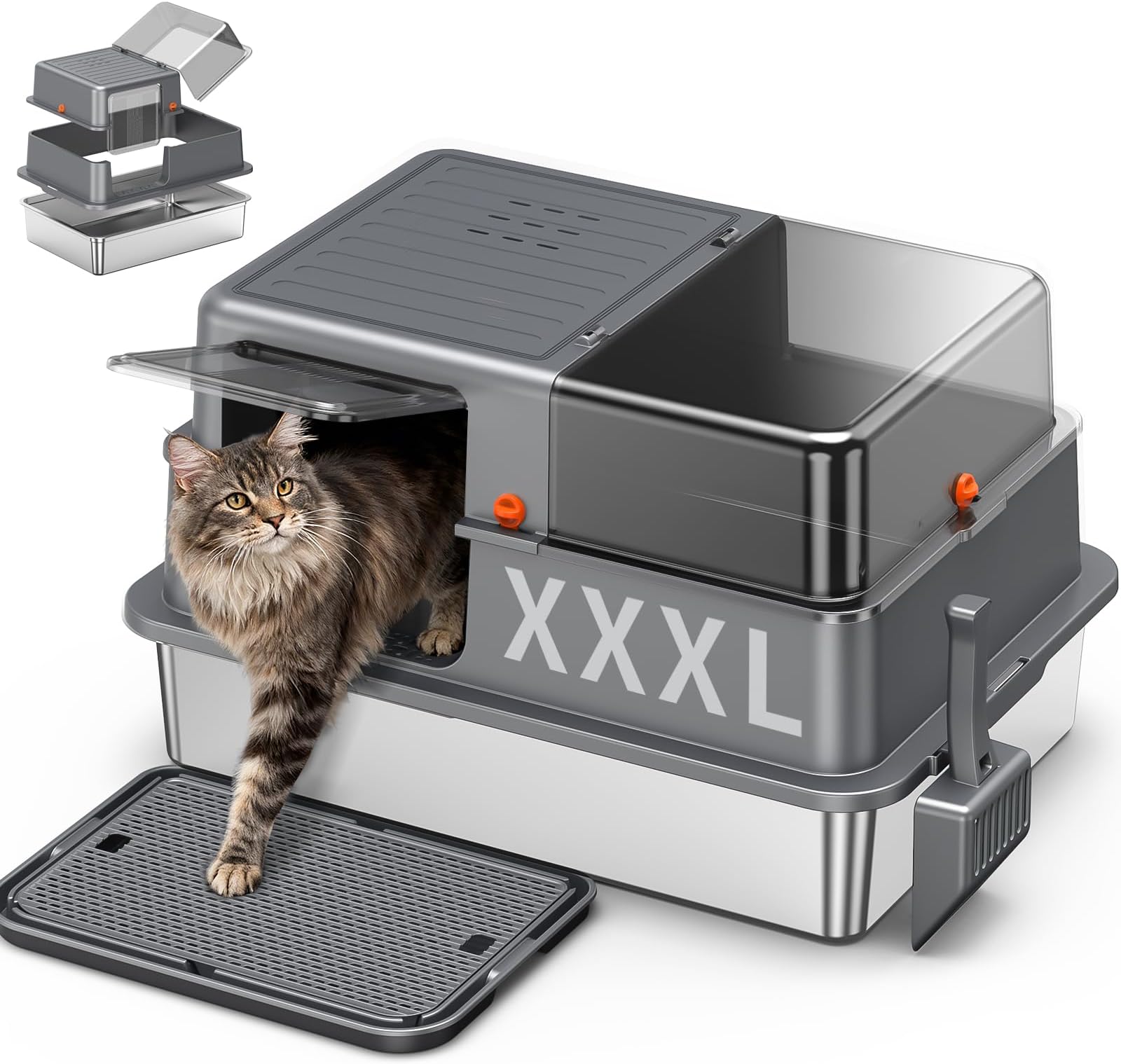 - XXXL Stainless Steel Litter Box with Lid，28.3" L x 20.2" W x 17.3" H Extra Large Enclosed High Sided Metal Cat Litter Box for Large Cat and Multiple Cats,Non-Sticky, Anti-Leakage, Easy to Clean