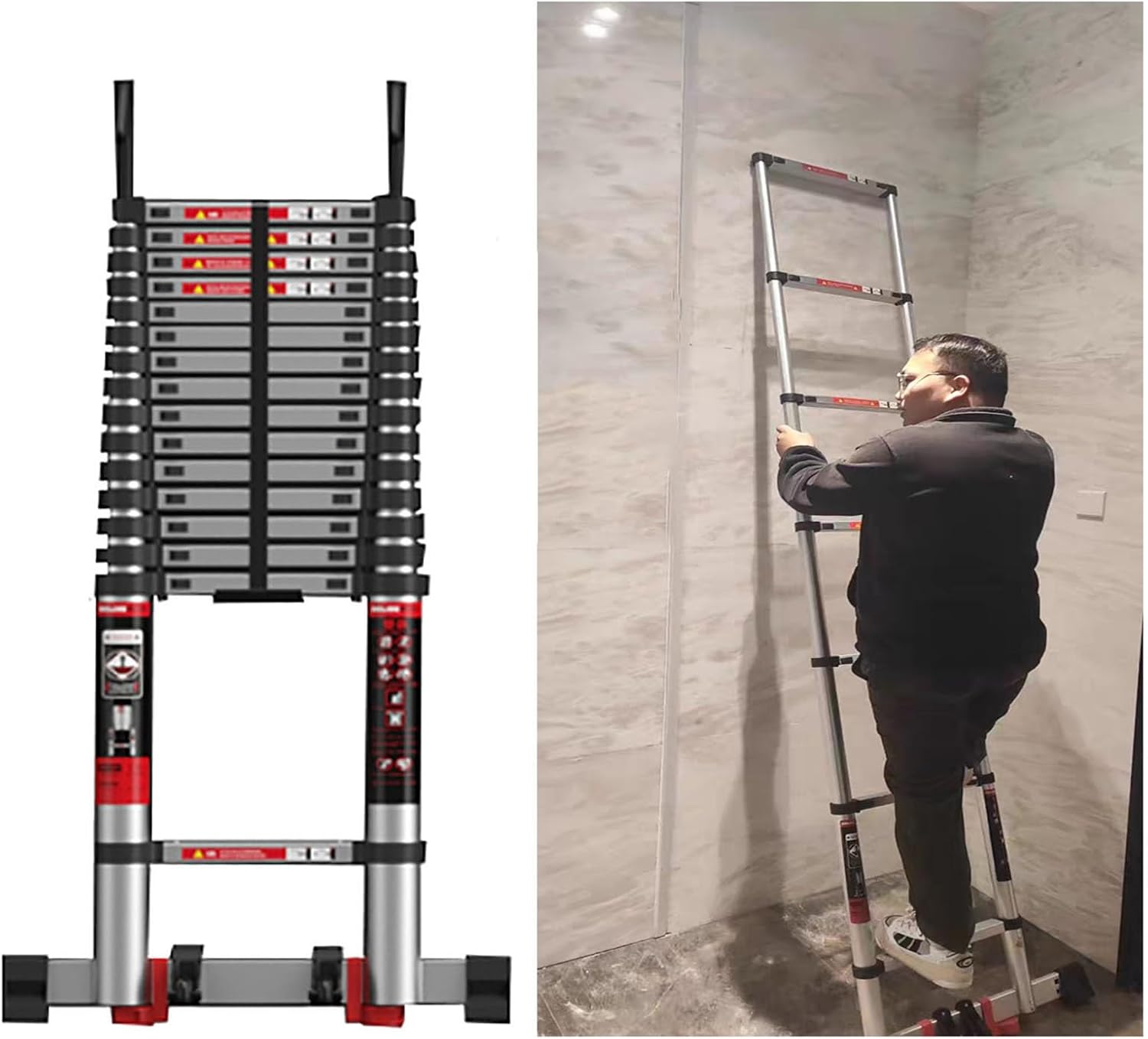 Aluminum Retraction Collapsible Extension Ladder with 2 Detachable Roof Hooks Portable Multi-Purpose Compact Ladder Duty 330lbs Max Capacity (Size : 430cm/169.3in)
