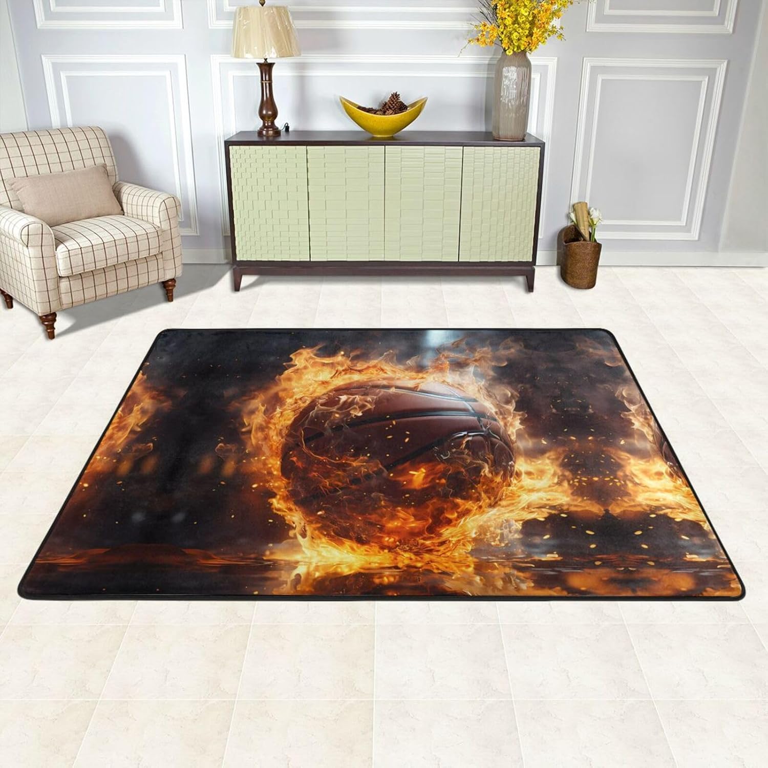 Basketball on Fire and Water Flame Splashing Printed Anti-Slip Floor mat Carpet Rug 72"x48" for Living Room Office Coffee Table Bed Balcony